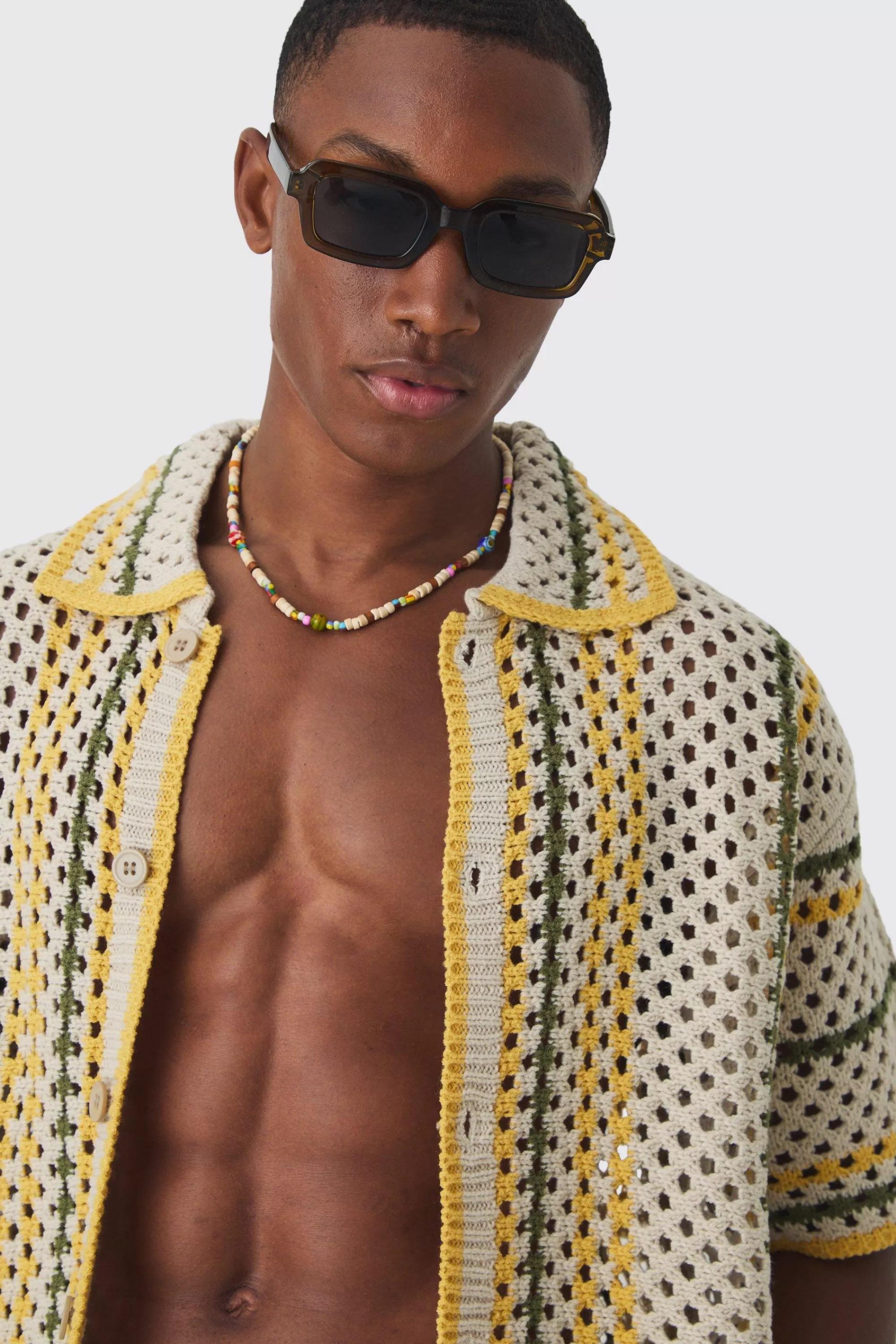 boohooMAN Oversized Boxy Open Stitch Stripe Shirt Short Set With Drawcords | UK