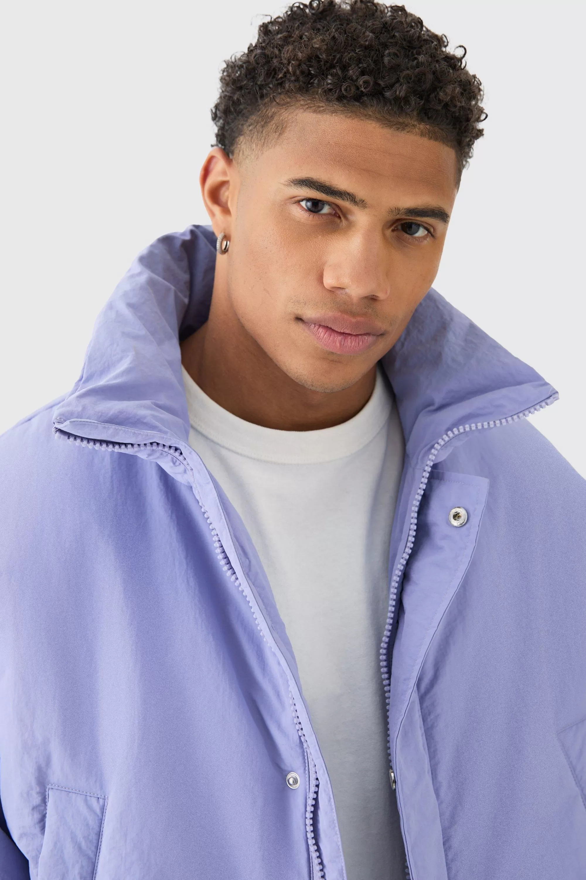 boohooMAN Oversized Boxy Padded Funnel Neck Coat In | UK