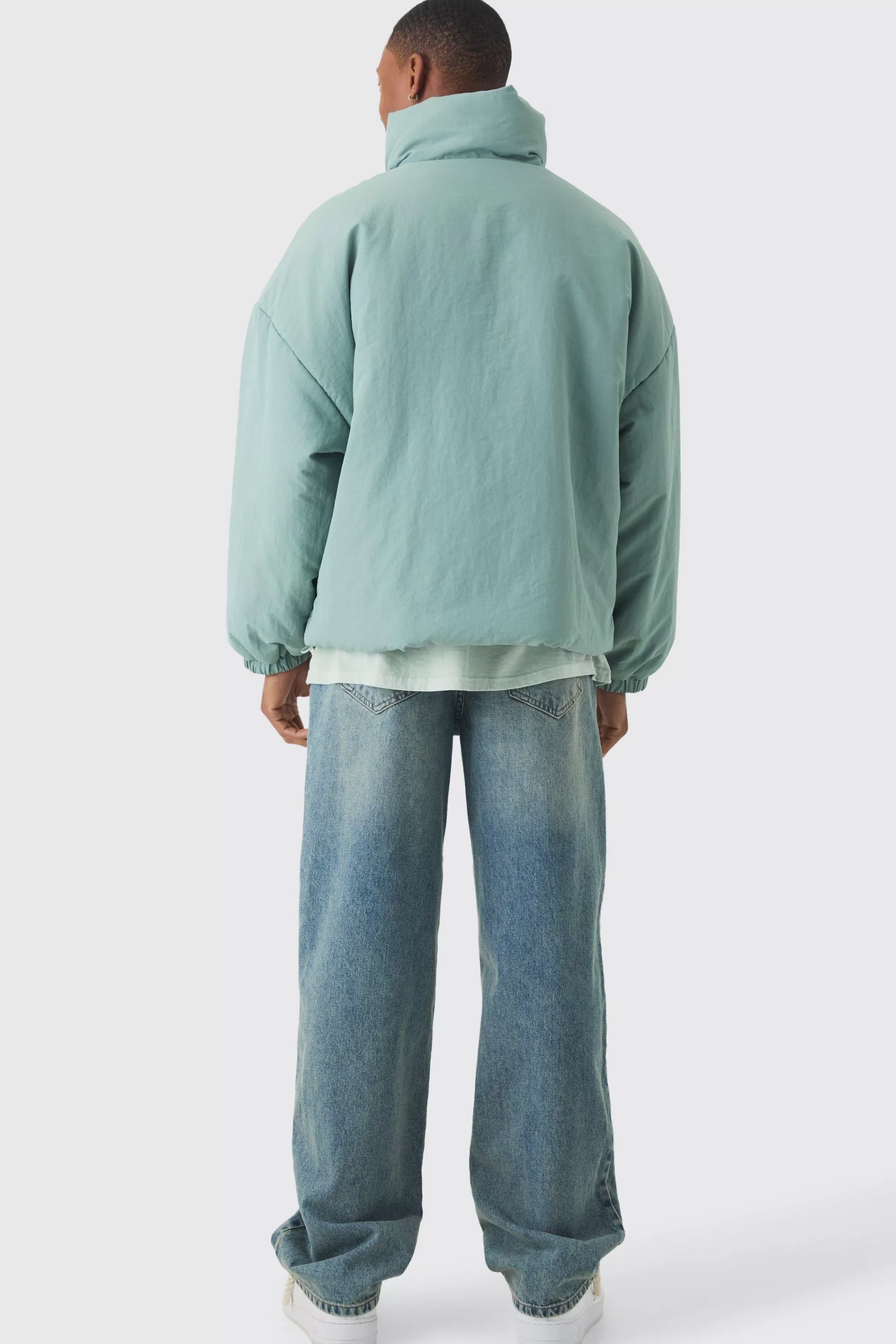 boohooMAN Oversized Boxy Padded Funnel Neck Coat In | UK