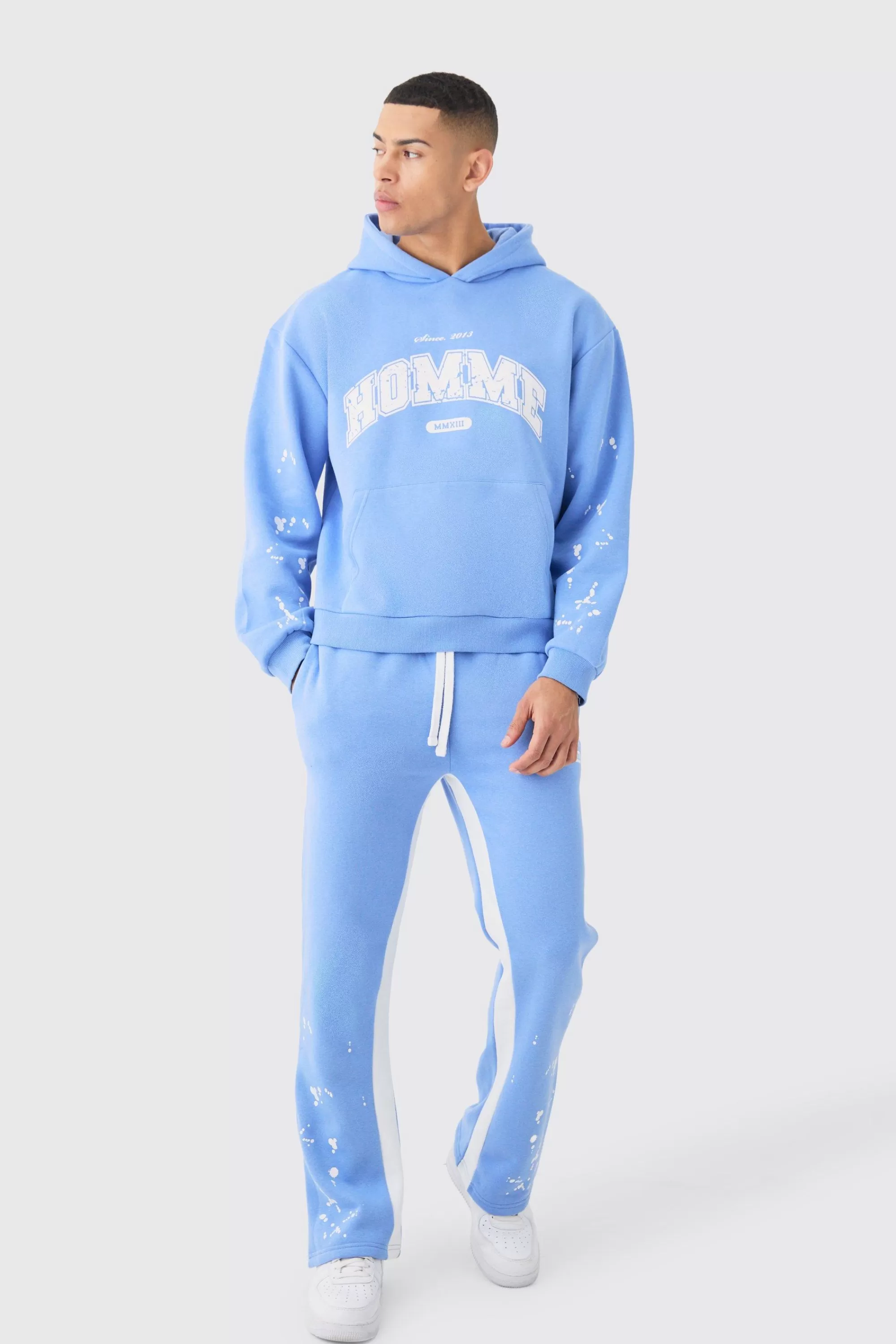 boohooMAN Oversized Boxy Paint Splatter Homme Gusset Tracksuit | UK
