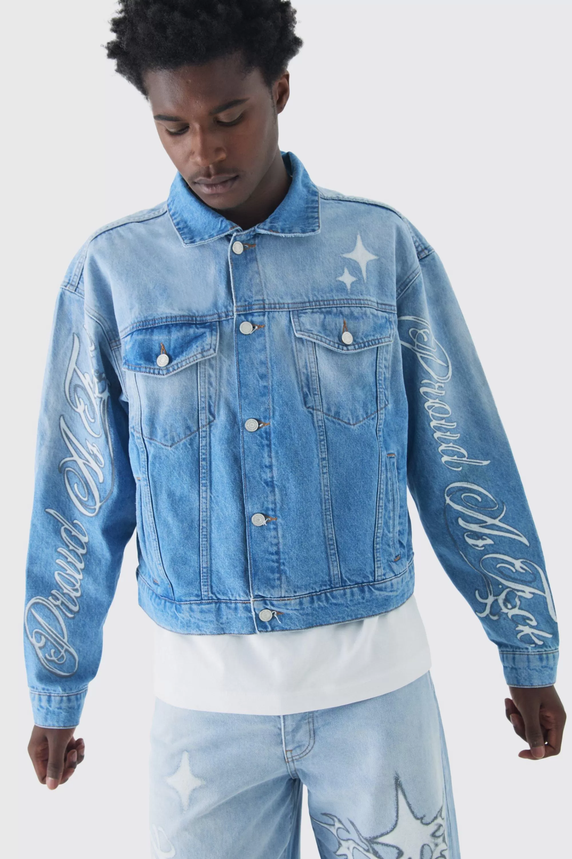 boohooMAN Oversized Boxy Pride Printed Denim Jacket | UK