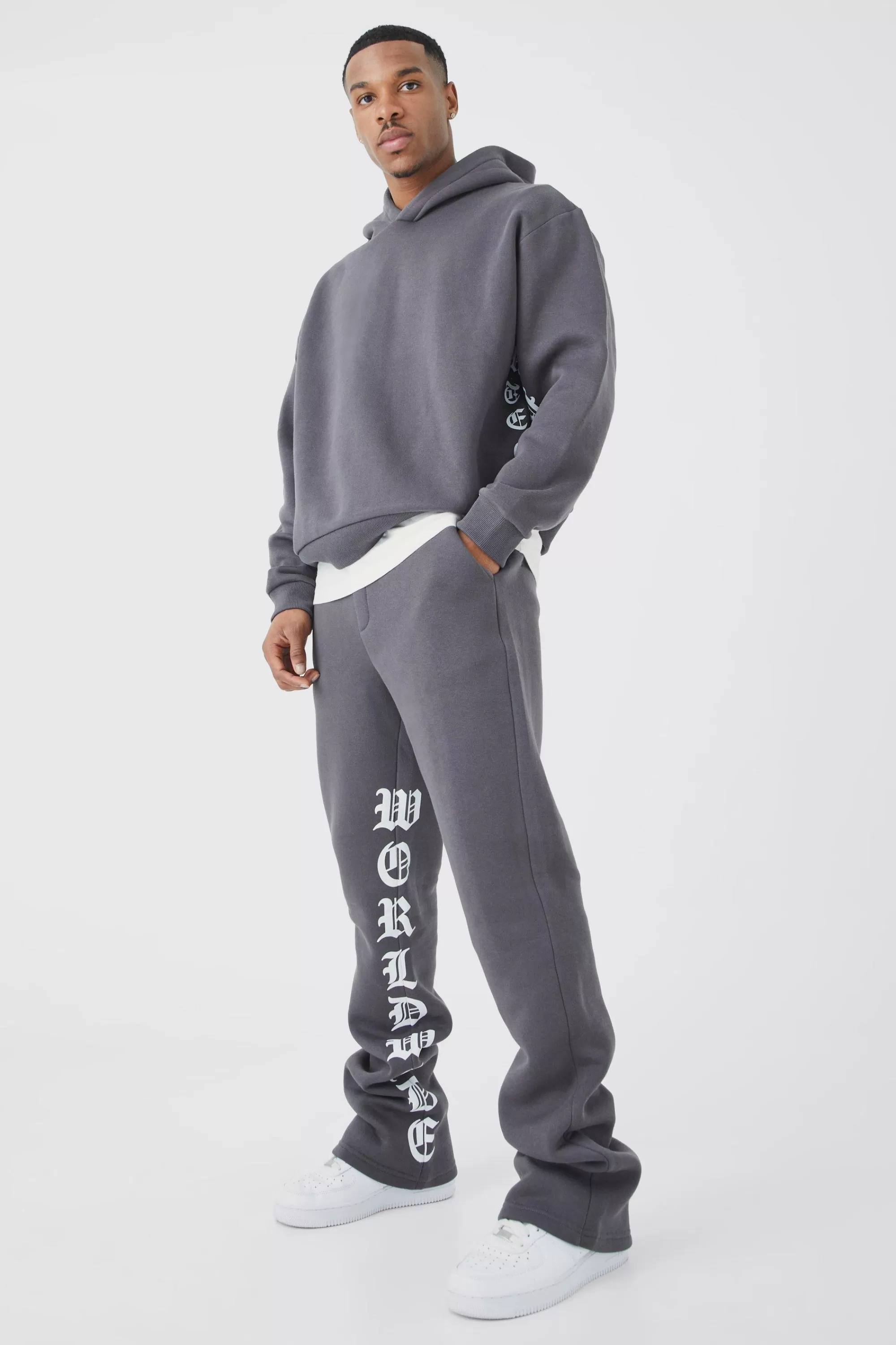 boohooMAN Oversized Boxy Printed Flared Tracksuit | UK