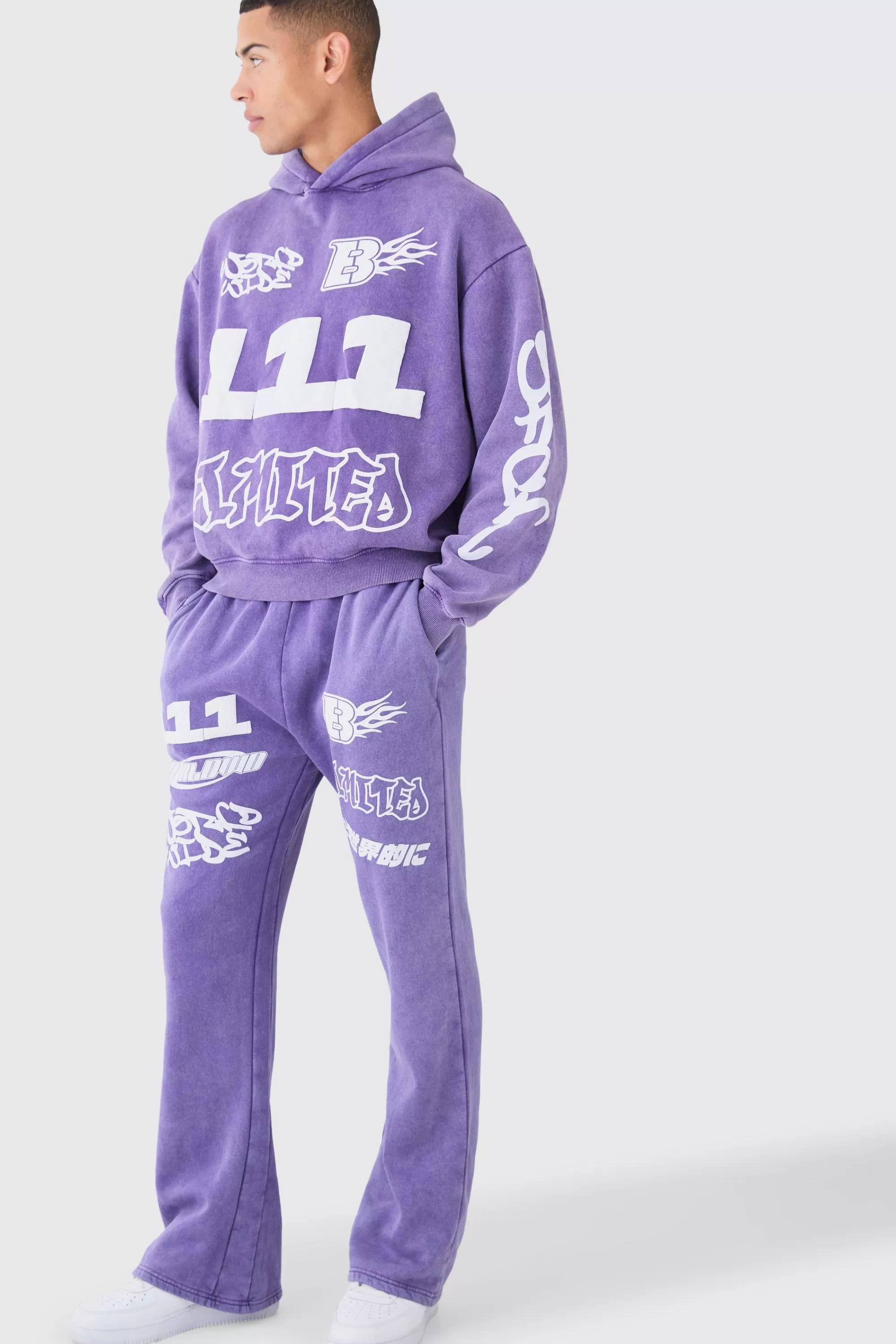 boohooMAN Oversized Boxy Puff Print Wash Hooded Tracksuit | UK