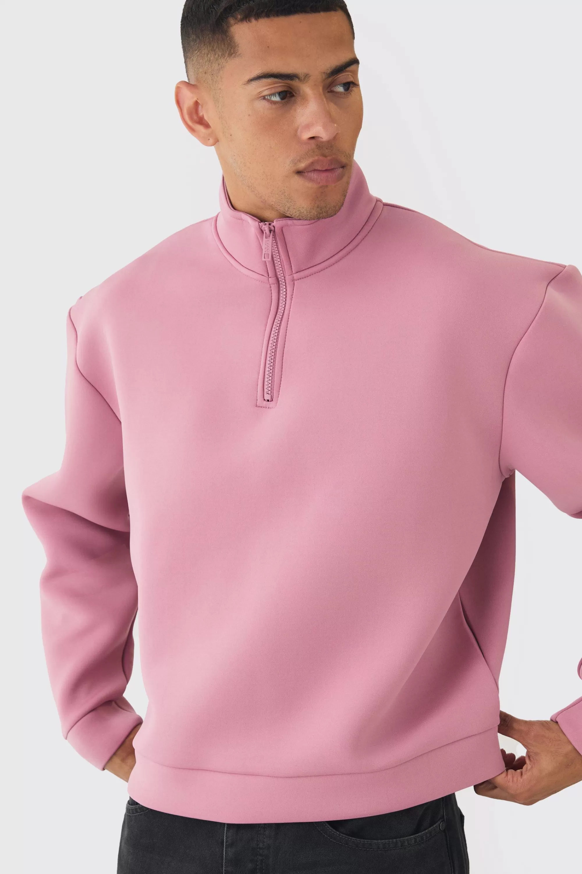 boohooMAN Oversized Boxy Quarter Zip Bonded Scuba Sweatshirt | UK