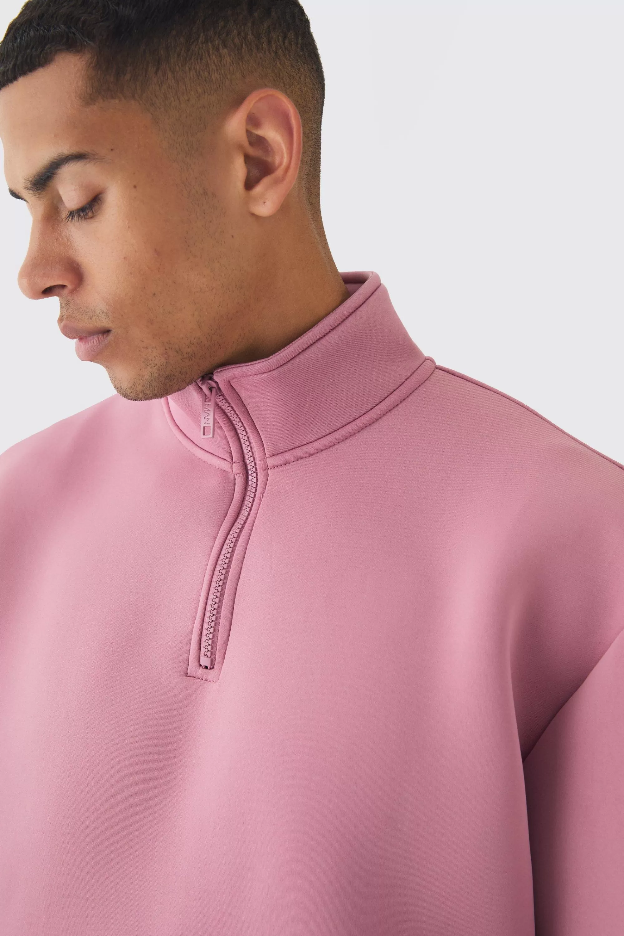 boohooMAN Oversized Boxy Quarter Zip Bonded Scuba Sweatshirt | UK