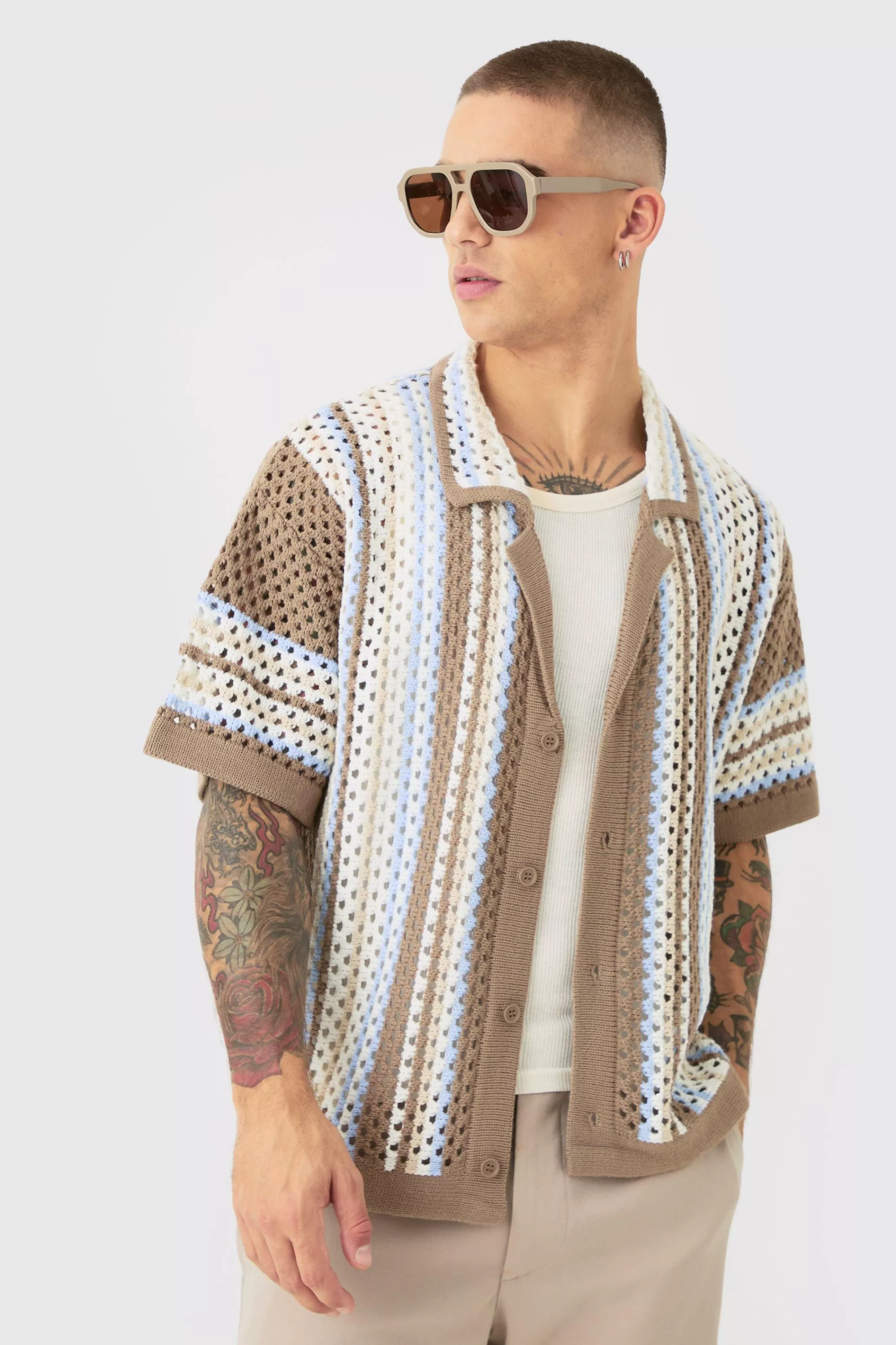 boohooMAN Oversized Boxy Revere Open Knit Knit Stripe Shirt | UK