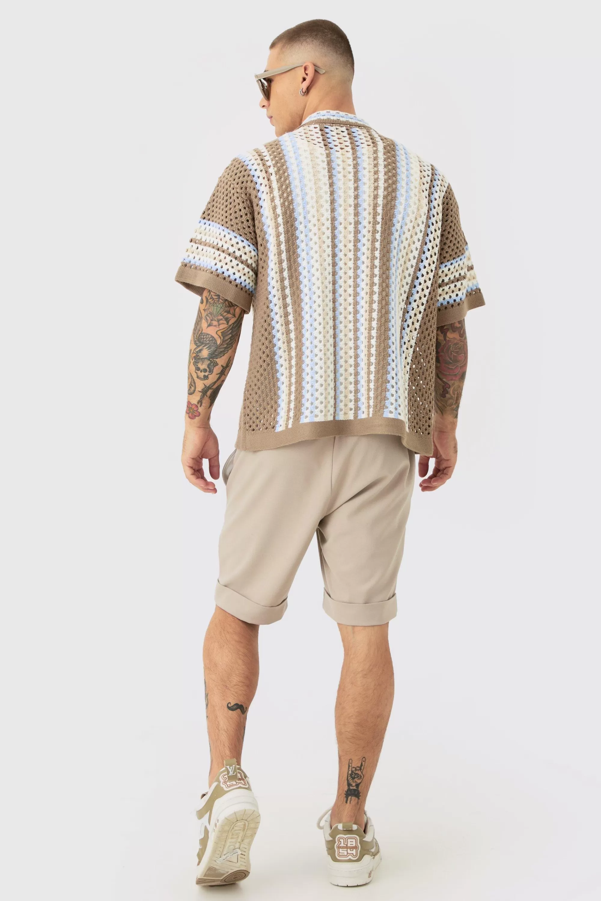 boohooMAN Oversized Boxy Revere Open Knit Knit Stripe Shirt | UK