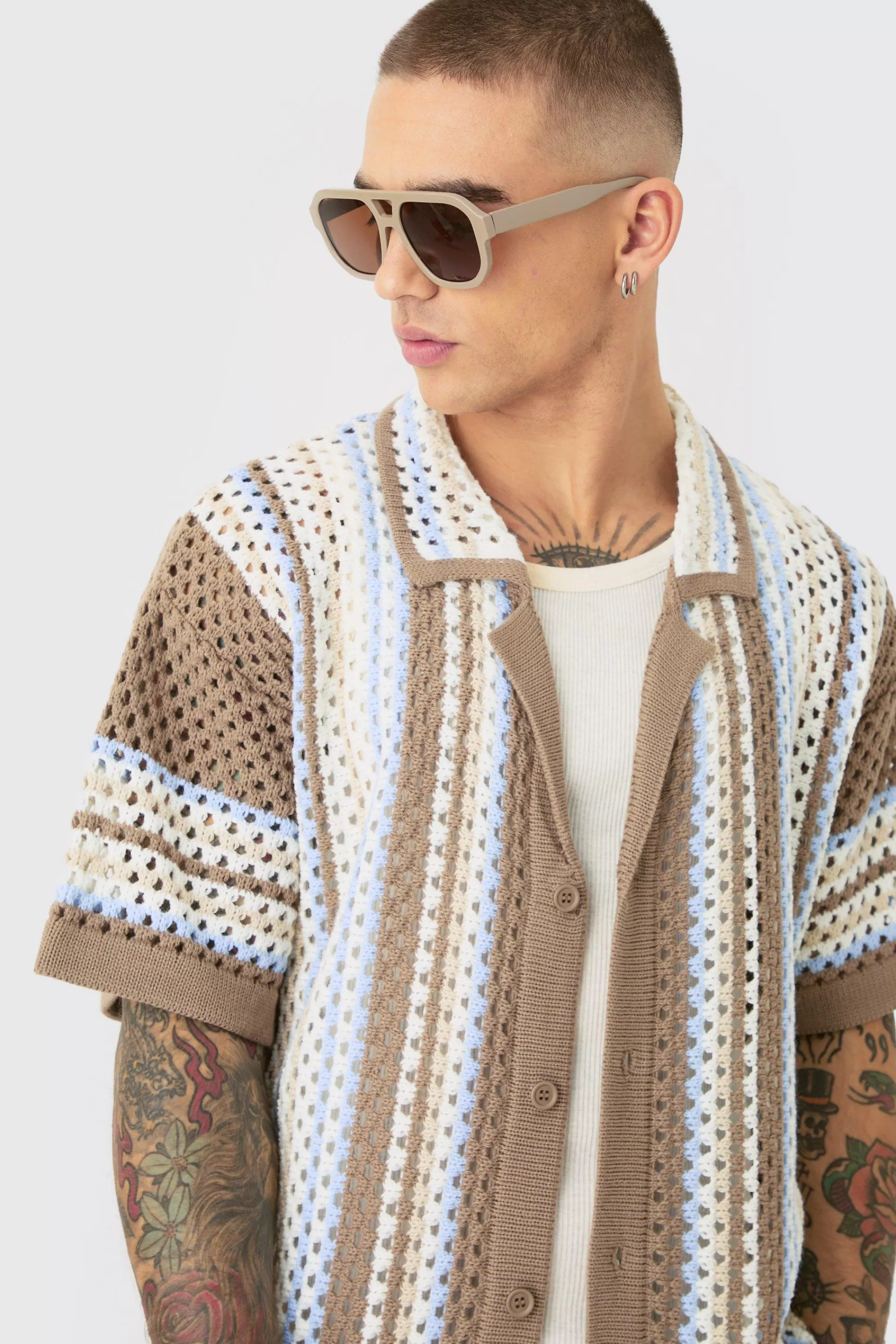 boohooMAN Oversized Boxy Revere Open Knit Knit Stripe Shirt | UK