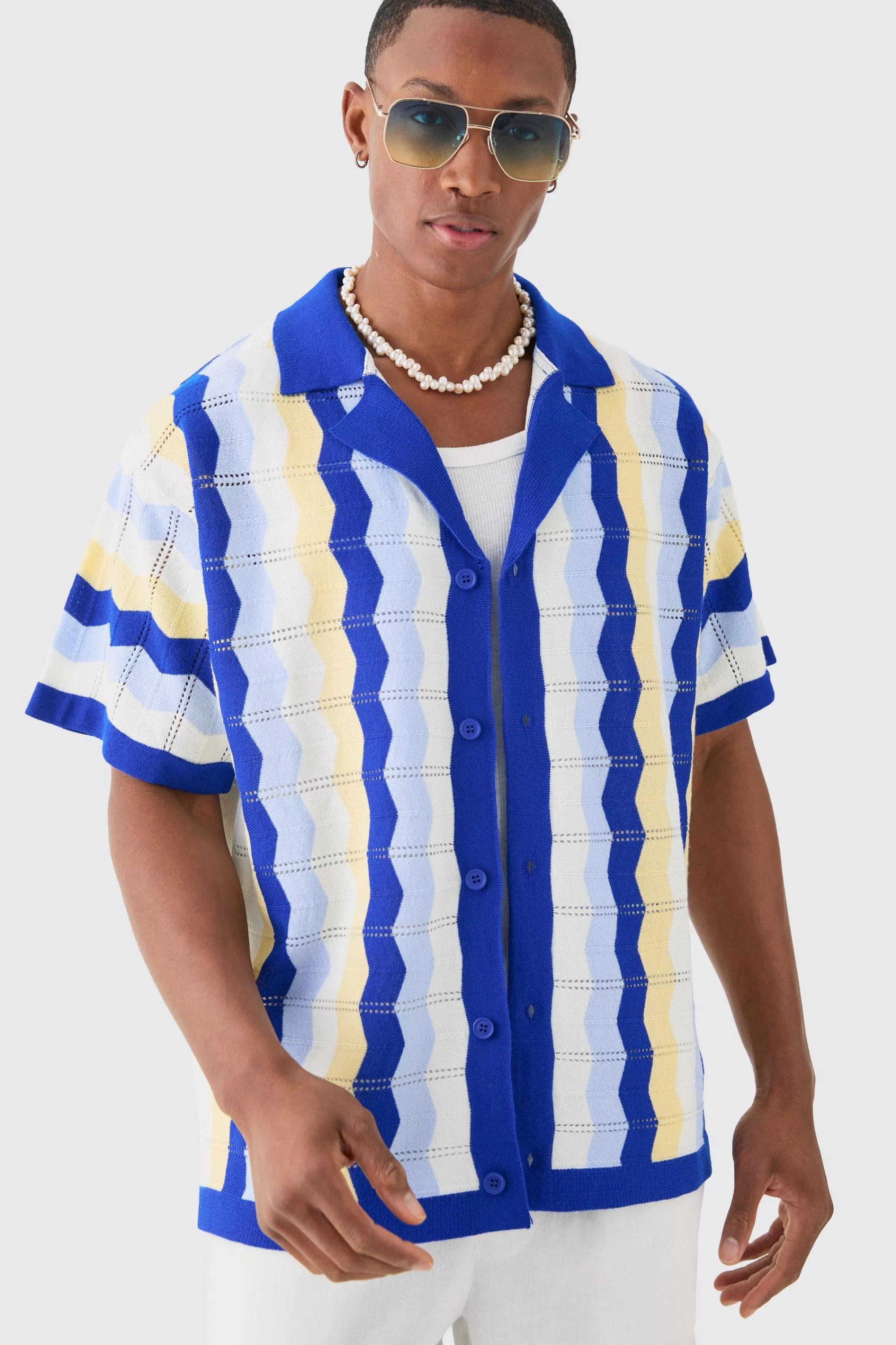 boohooMAN Oversized Boxy Revere Open Knit Stripe Shirt In | UK