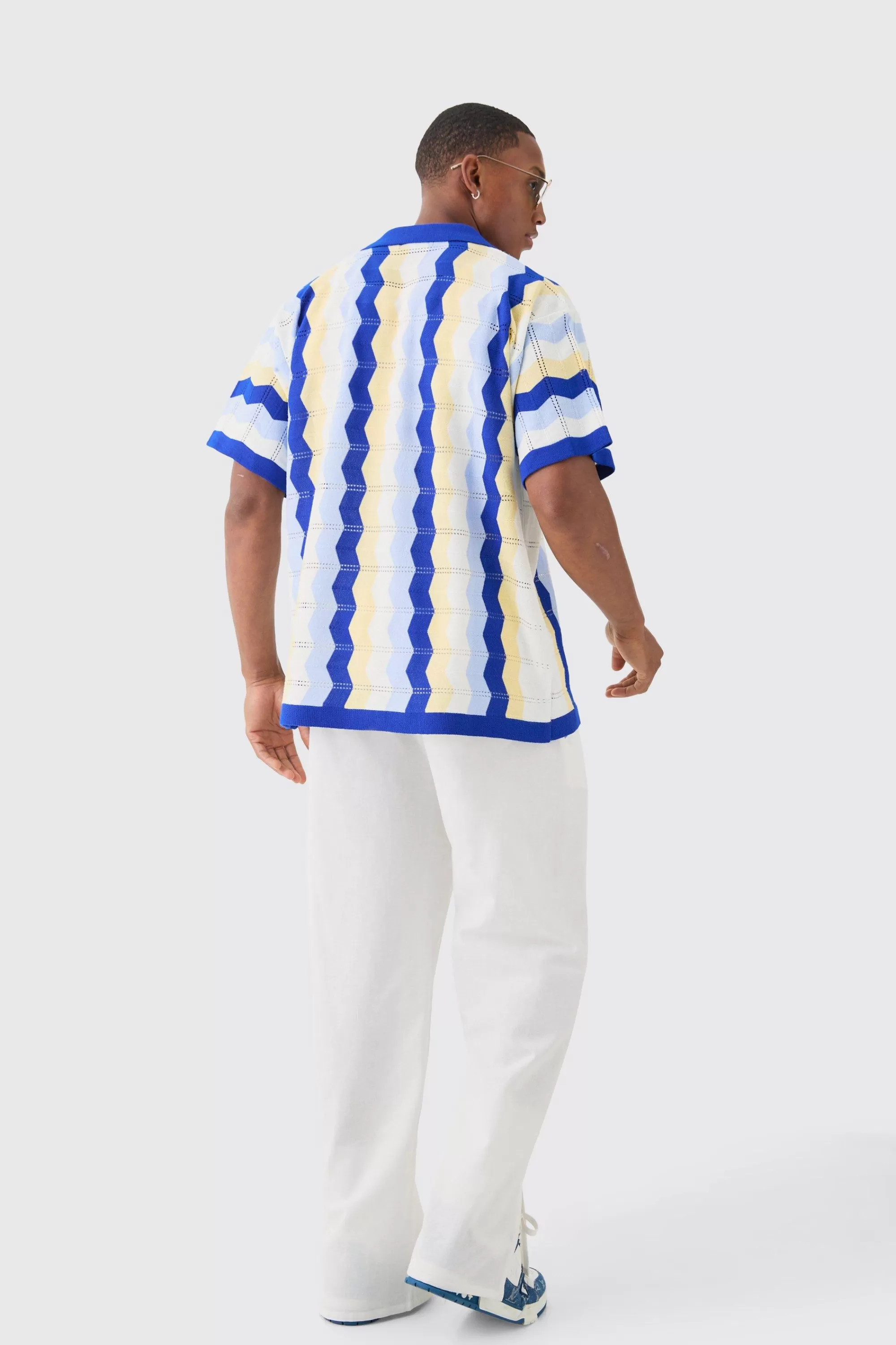 boohooMAN Oversized Boxy Revere Open Knit Stripe Shirt In | UK