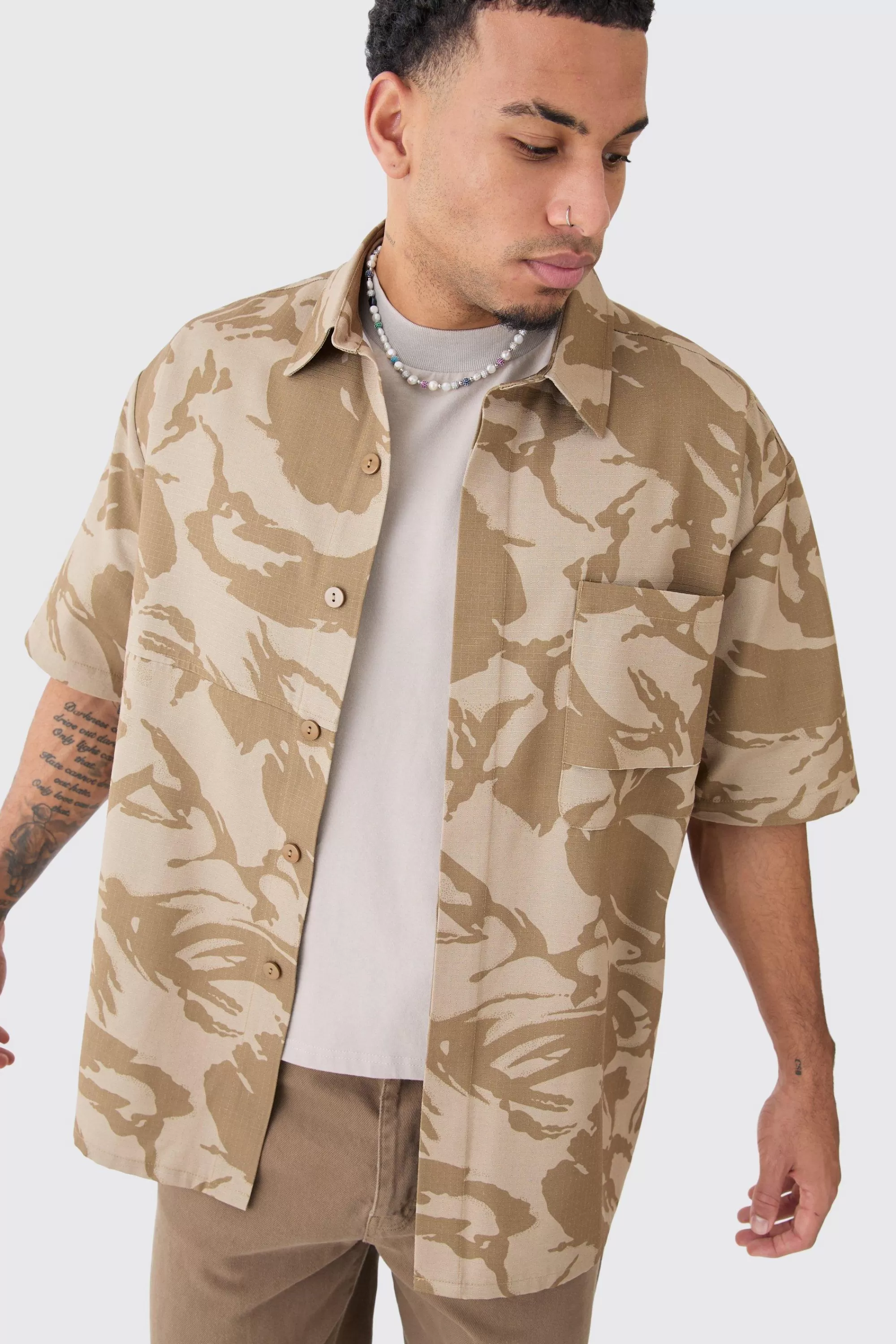 boohooMAN Oversized Boxy Ripstop Camo Shirt | UK