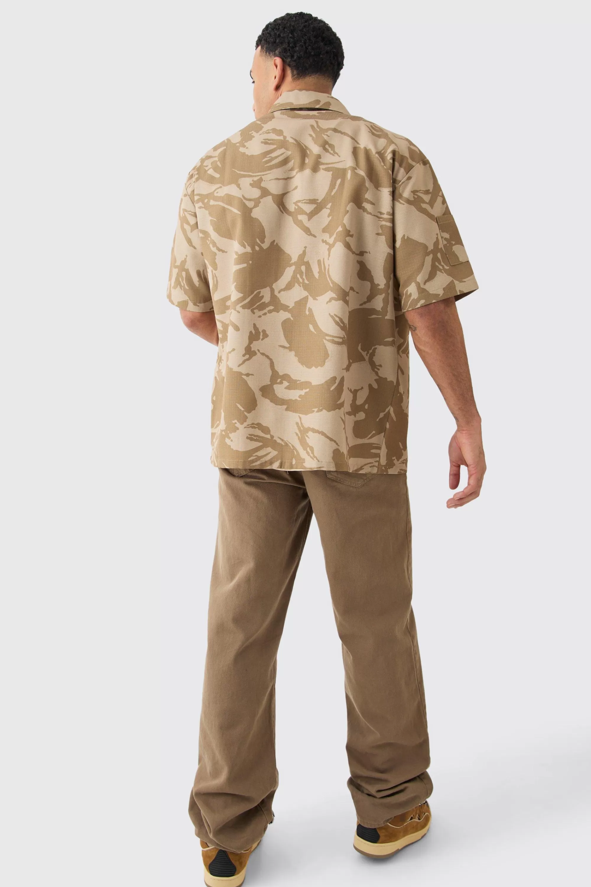 boohooMAN Oversized Boxy Ripstop Zip Through Camo Shirt | UK