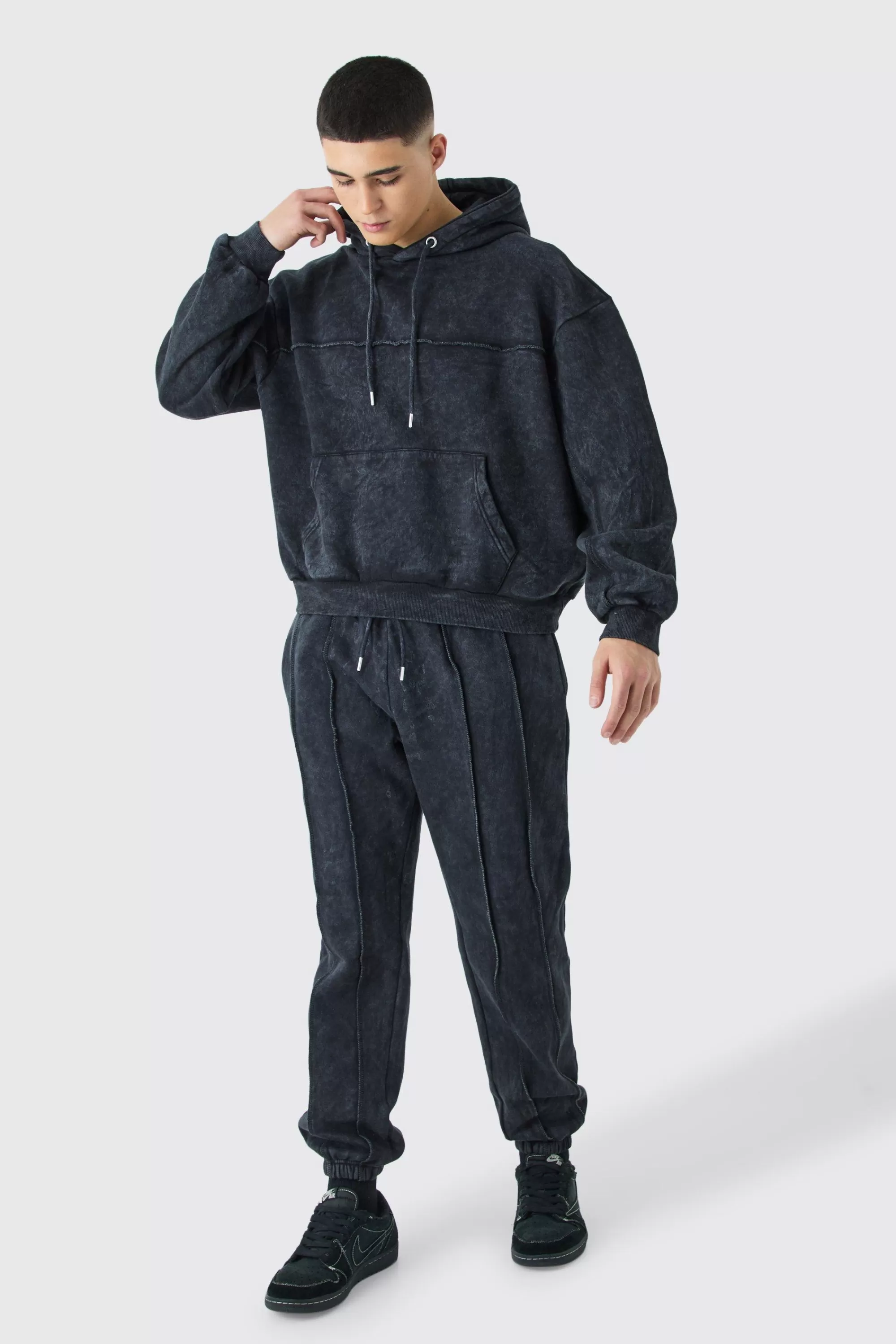 boohooMAN Oversized Boxy Seam Detail Washed Hooded Tracksuit | UK