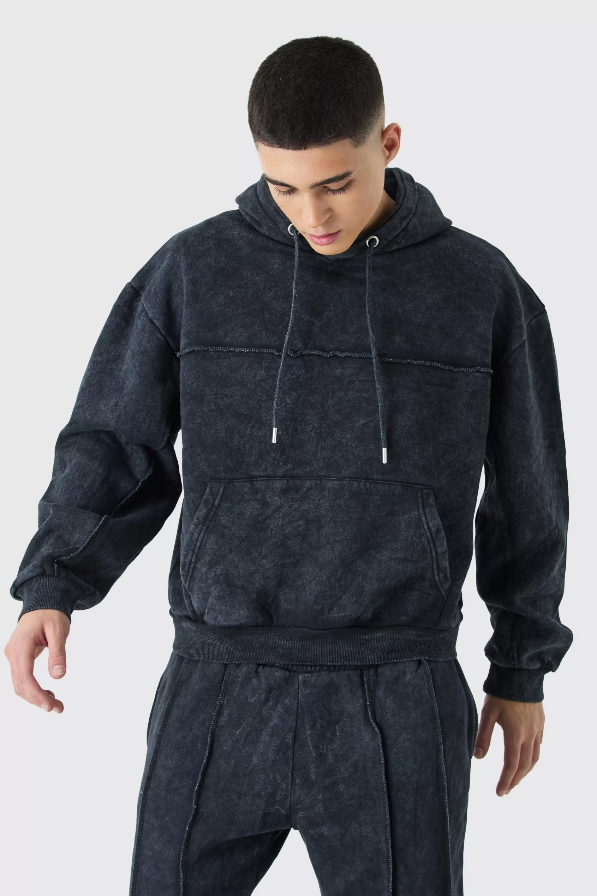boohooMAN Oversized Boxy Seam Detail Washed Hooded Tracksuit | UK