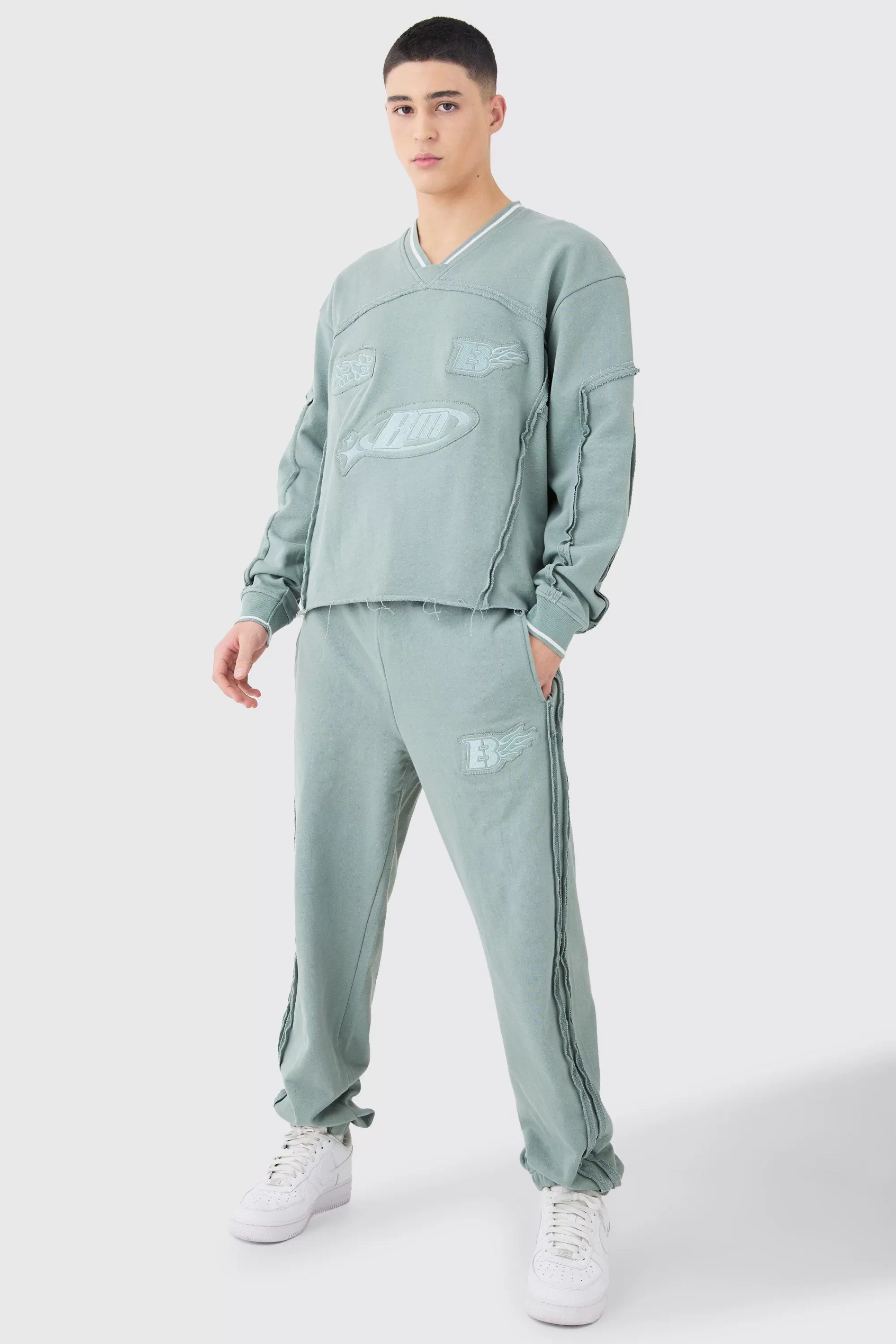 boohooMAN Oversized Boxy Sports Rib Sweatshirt Tracksuit | UK
