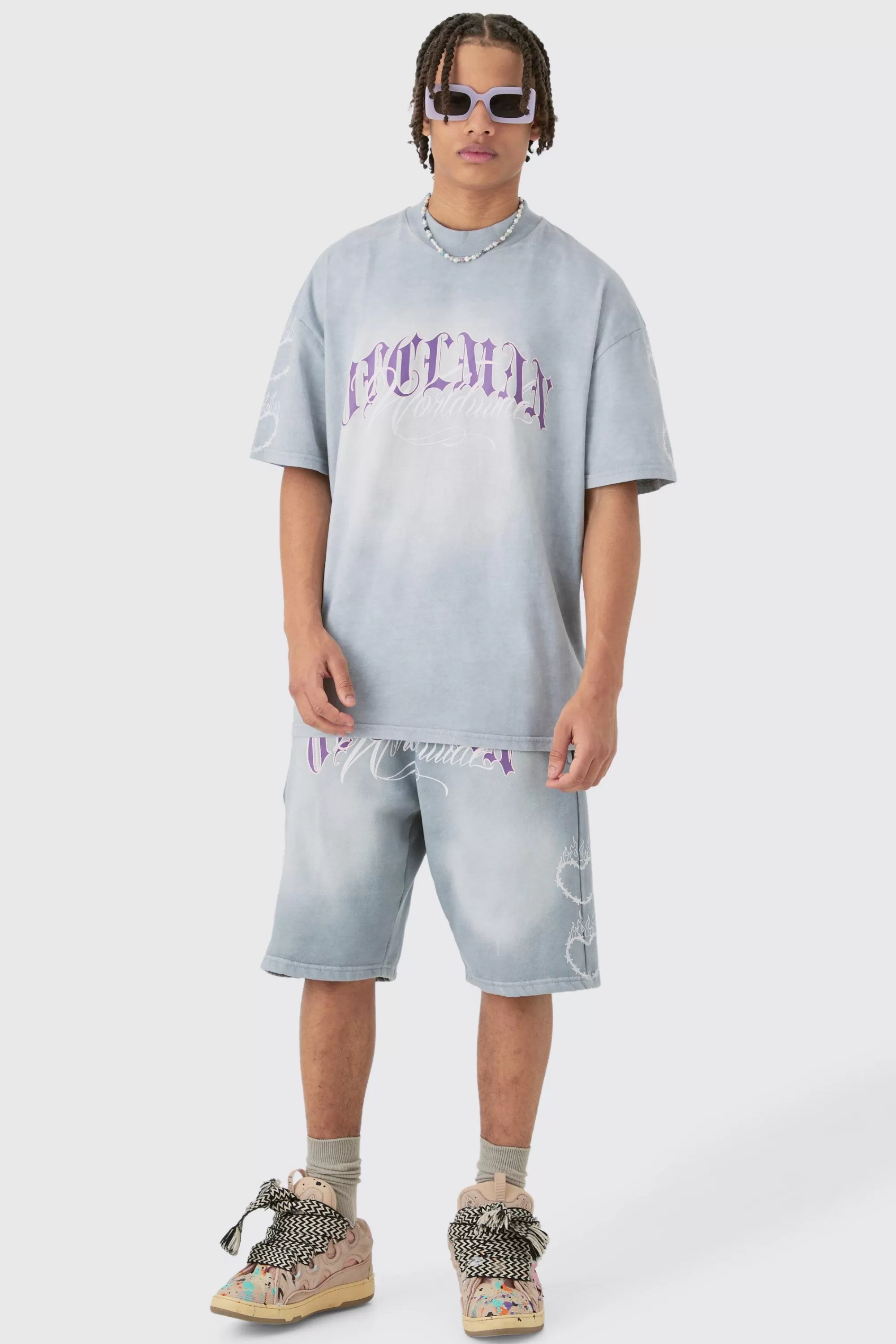 boohooMAN Oversized Boxy Spray Wash Multi Heart T-shirt & Short Set | UK