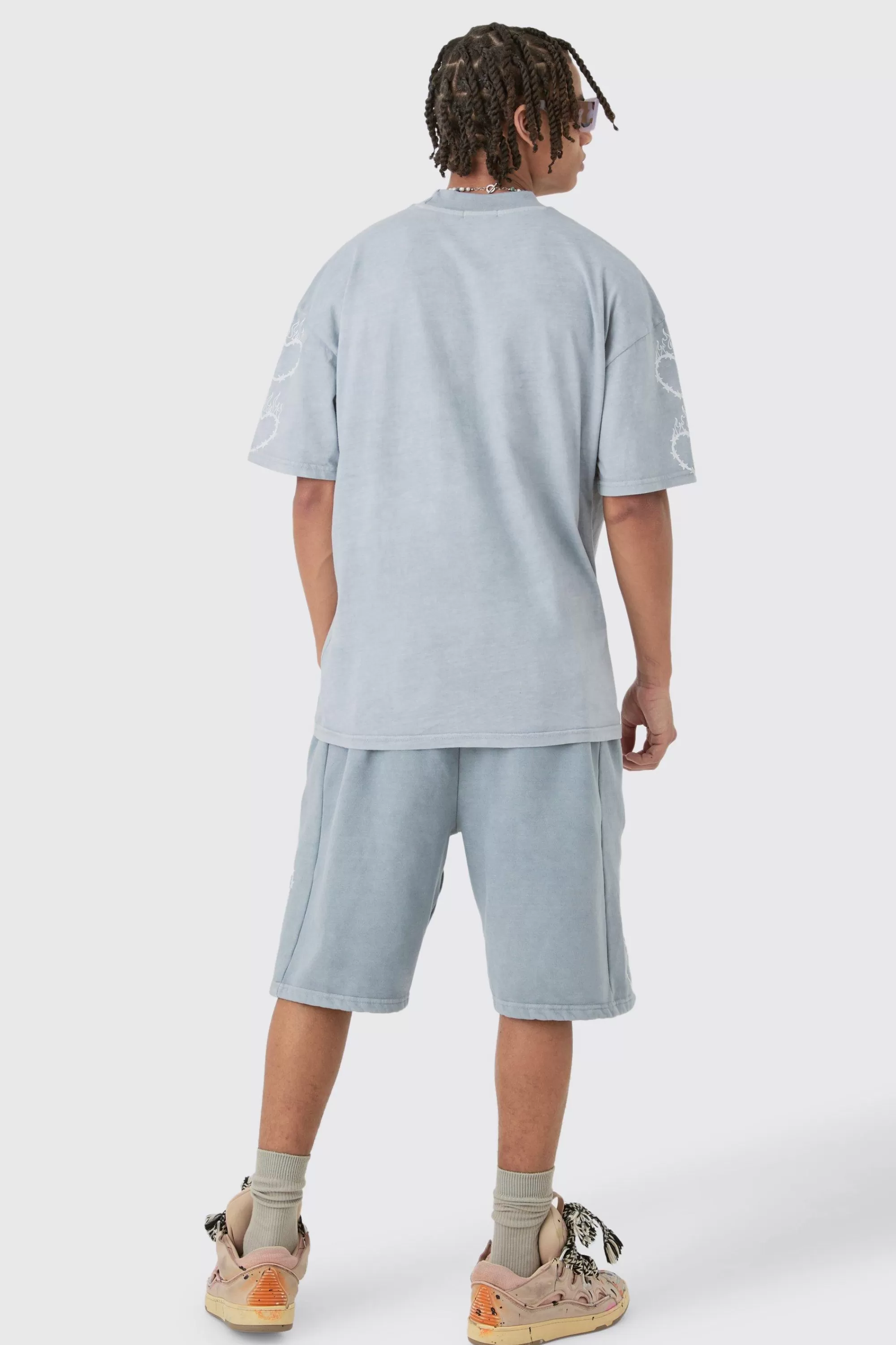 boohooMAN Oversized Boxy Spray Wash Multi Heart T-shirt & Short Set | UK