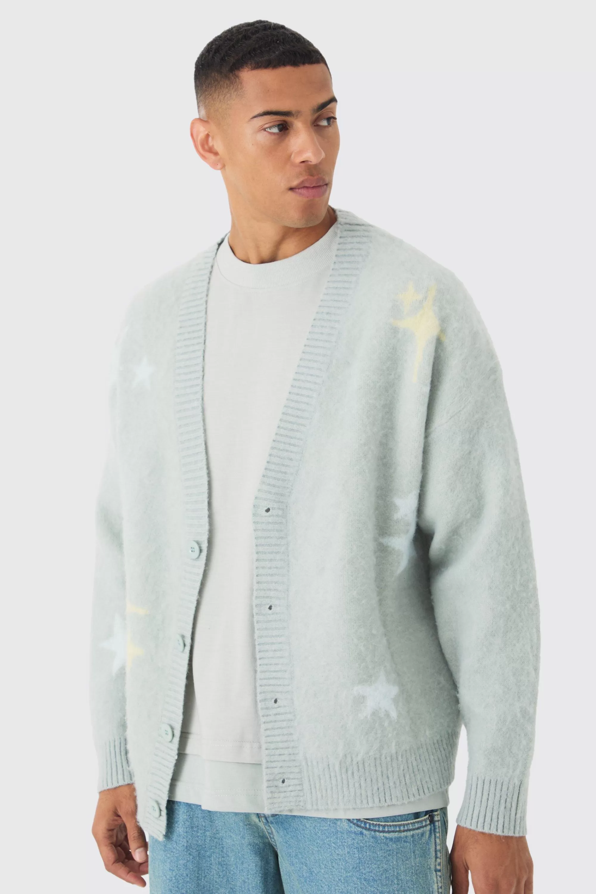 boohooMAN Oversized Boxy Star Brushed Knitted Cardigan | UK