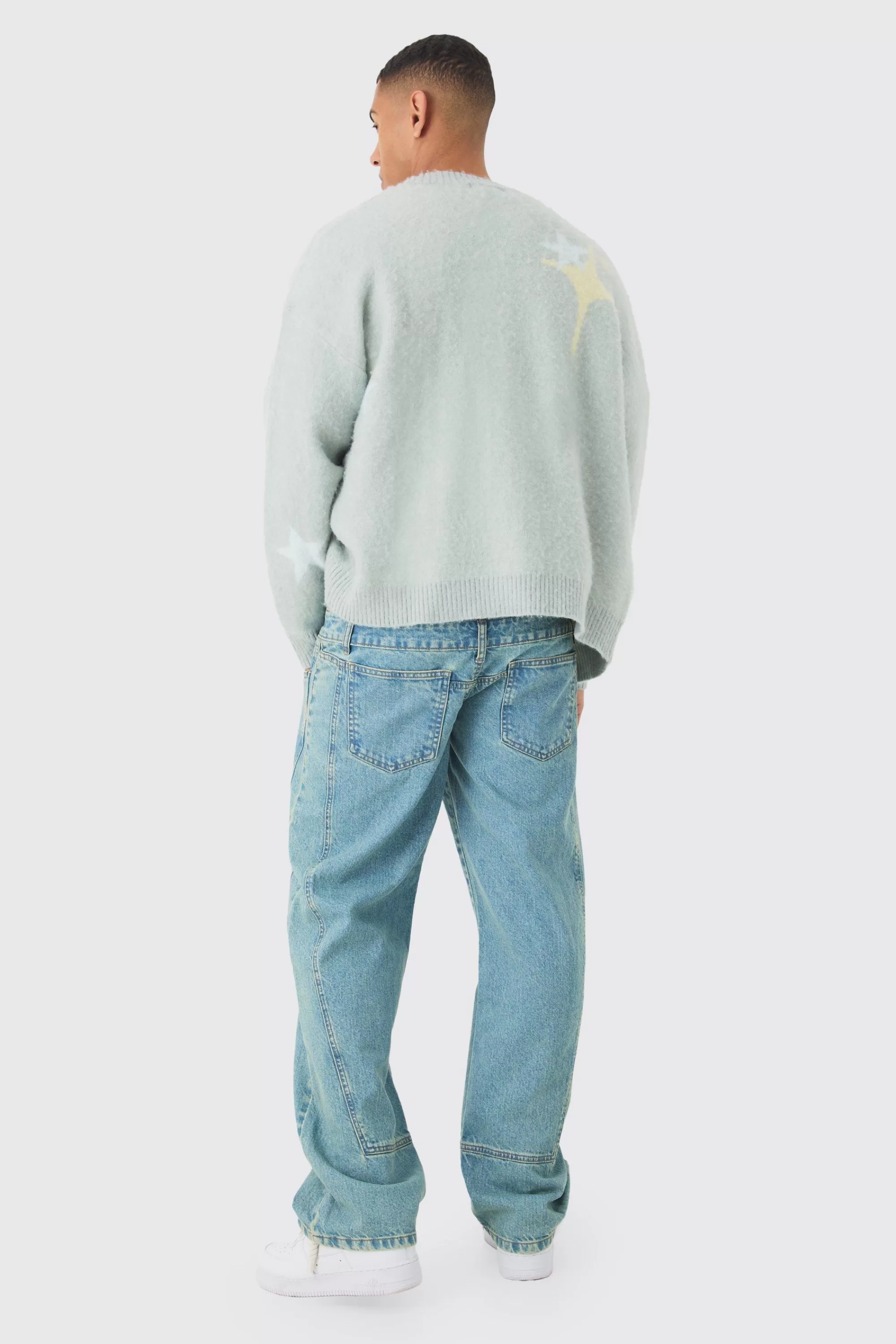 boohooMAN Oversized Boxy Star Brushed Knitted Cardigan | UK