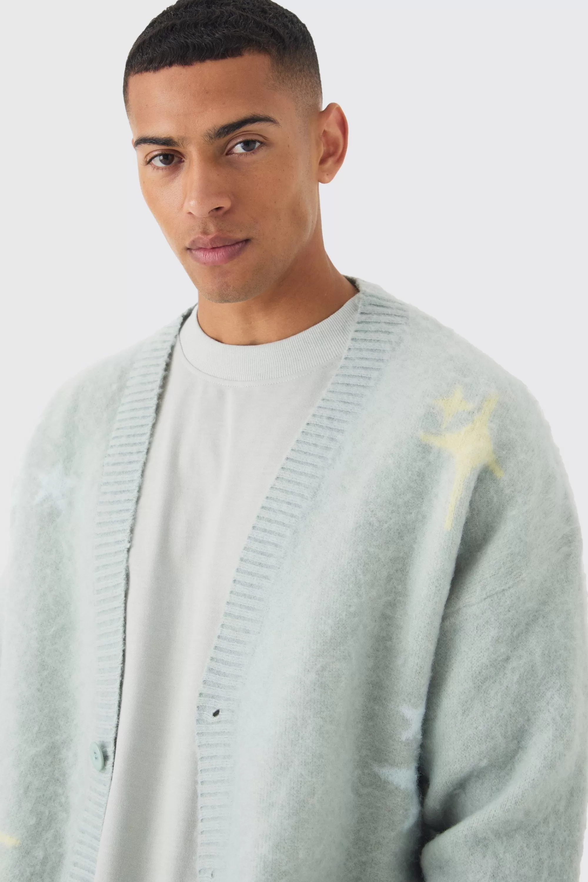 boohooMAN Oversized Boxy Star Brushed Knitted Cardigan | UK