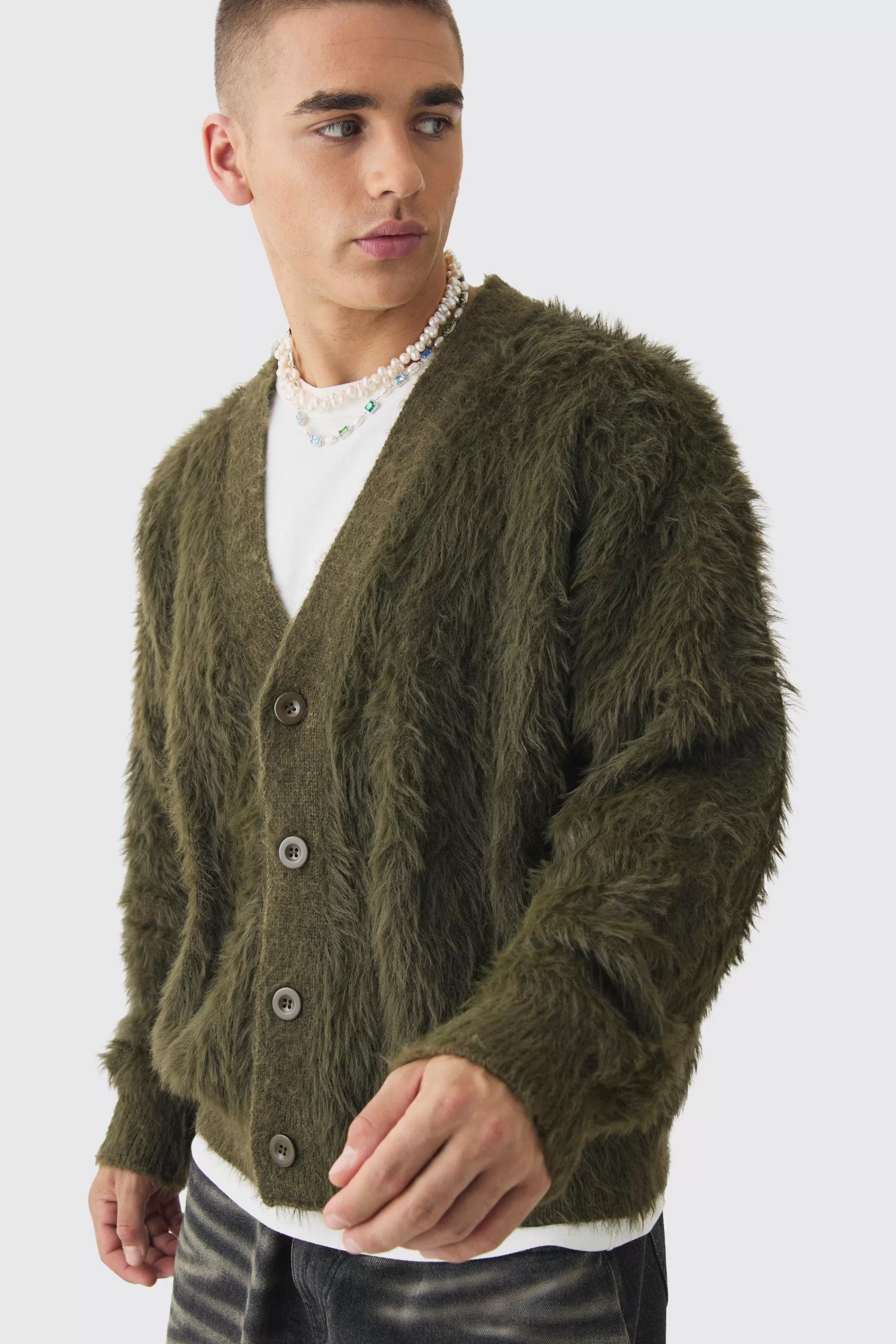 boohooMAN Oversized Boxy Super Fluffy Knitted Cardigan | UK