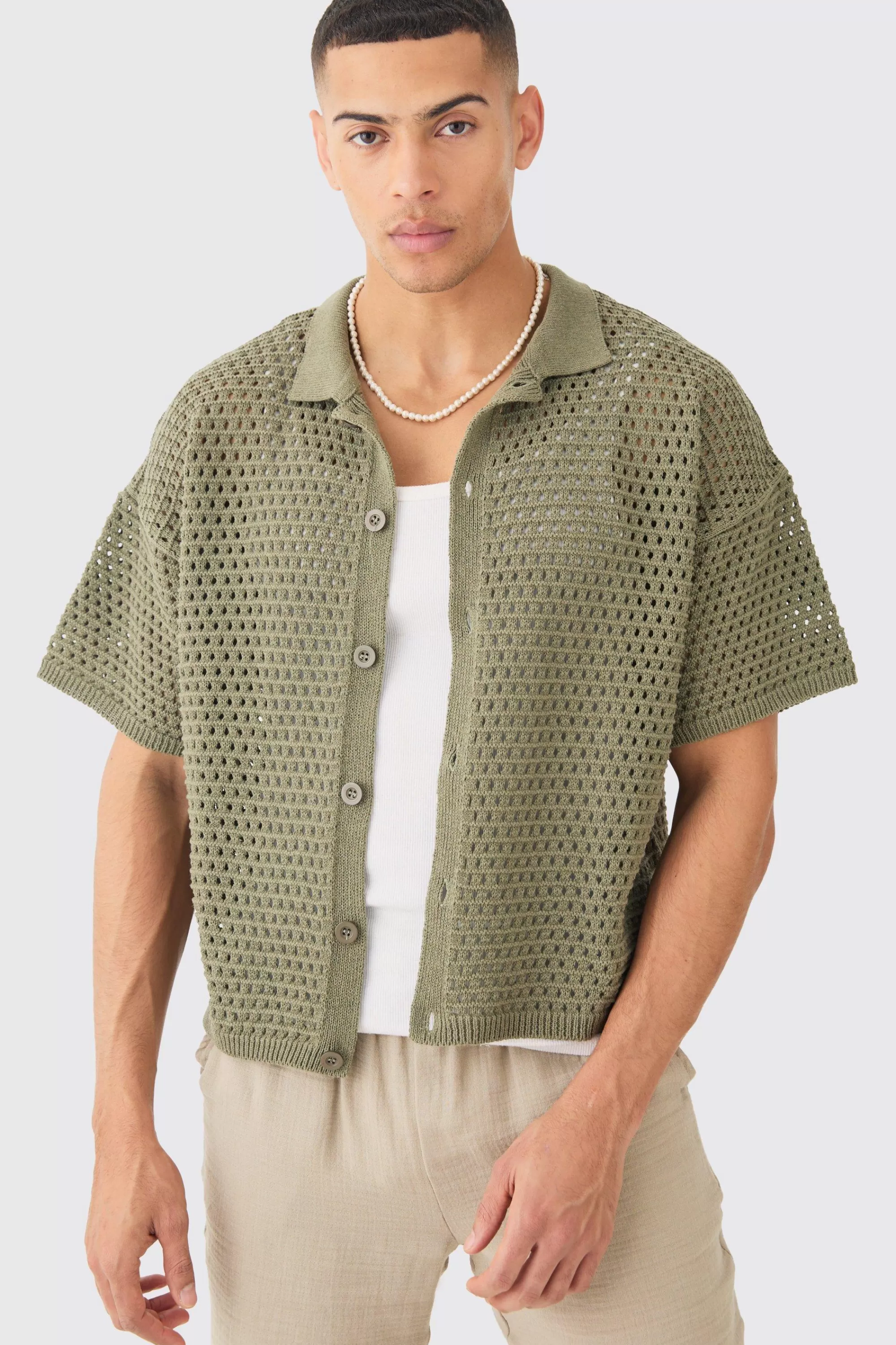 boohooMAN Oversized Boxy Textured Open Stitch Knit Shirt In | UK