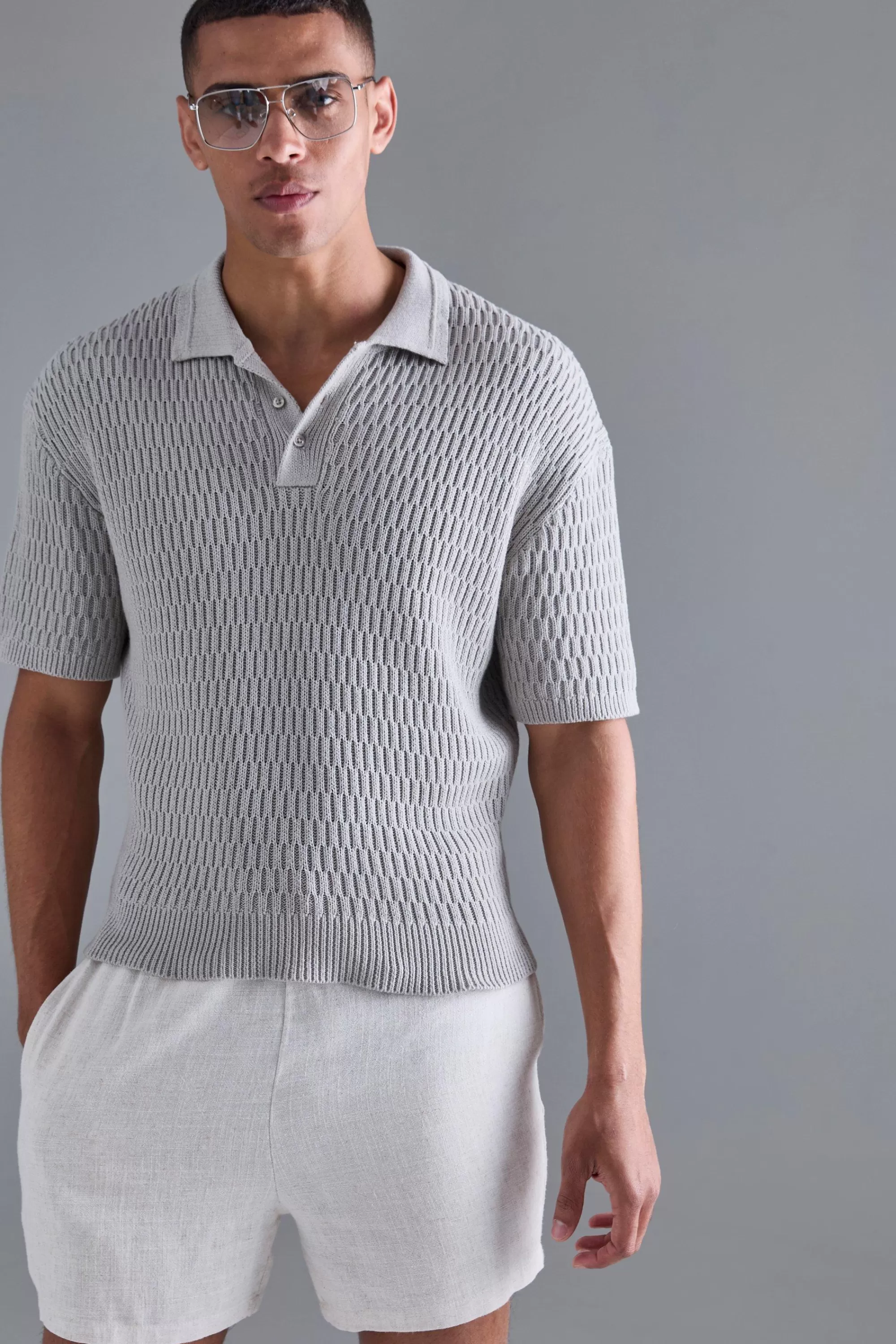 boohooMAN Oversized Boxy Textured Open Stitch Polo | UK