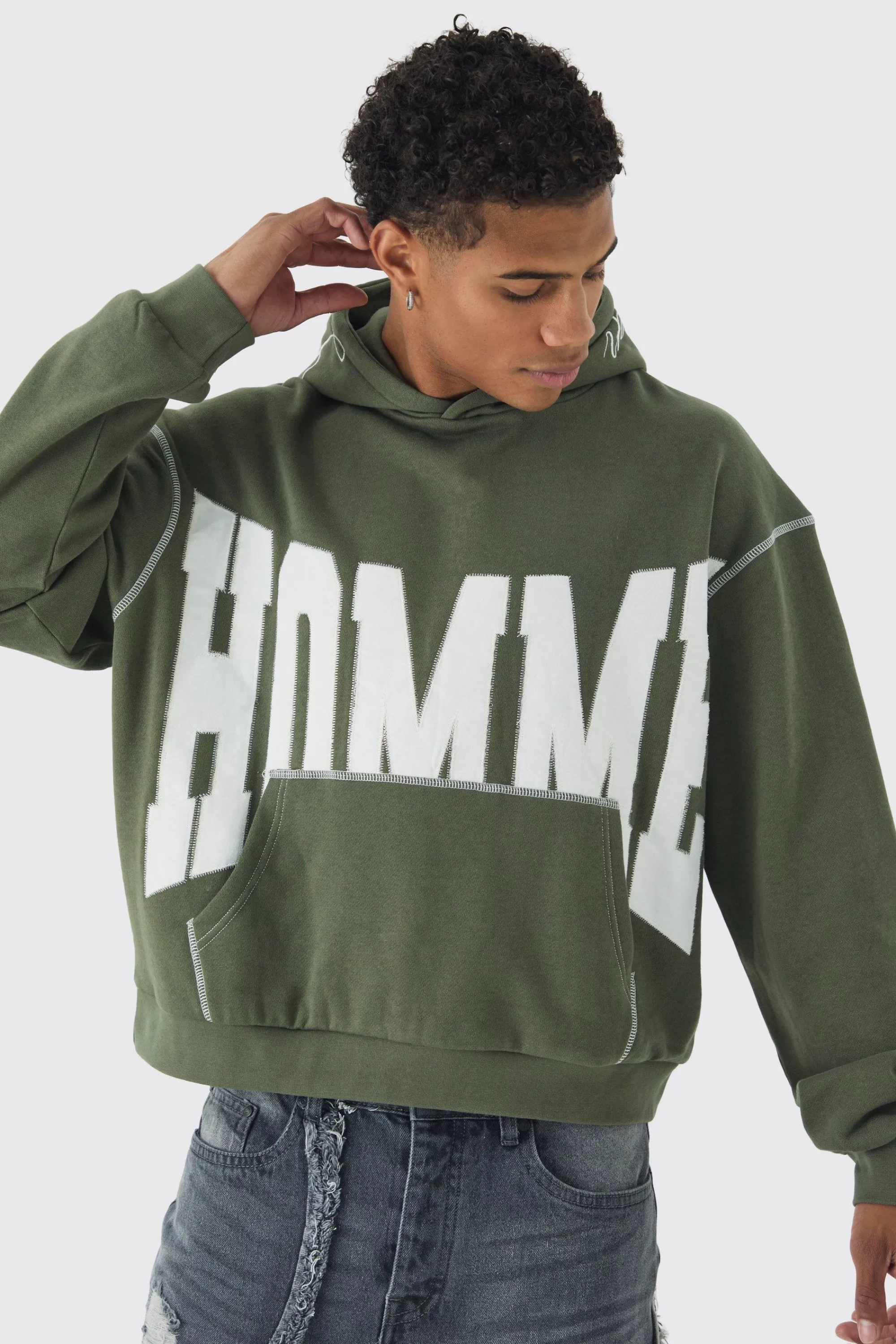 boohooMAN Oversized Boxy Twill Applique Contrast Stitch Hoodie | UK