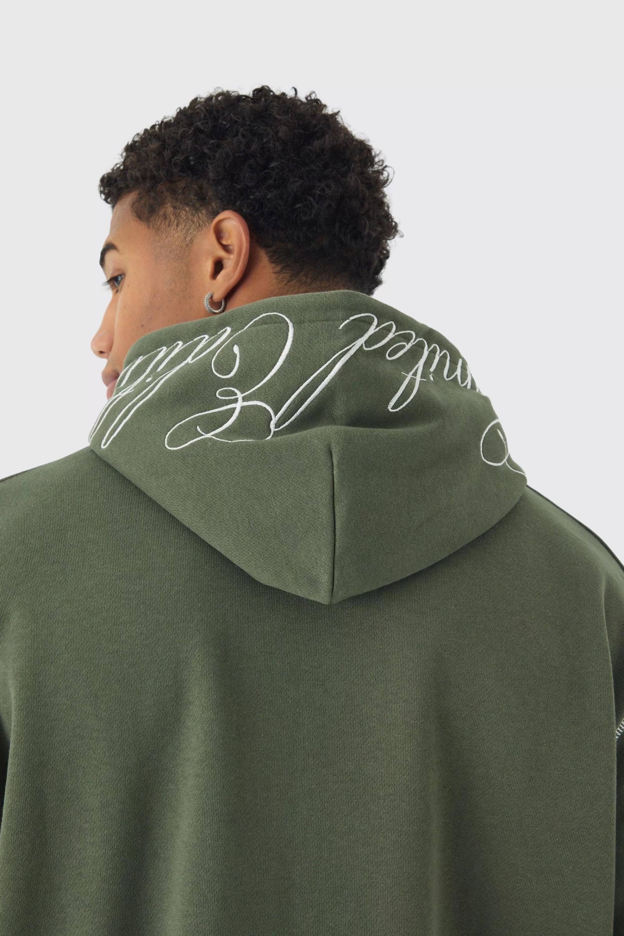 boohooMAN Oversized Boxy Twill Applique Contrast Stitch Hoodie | UK