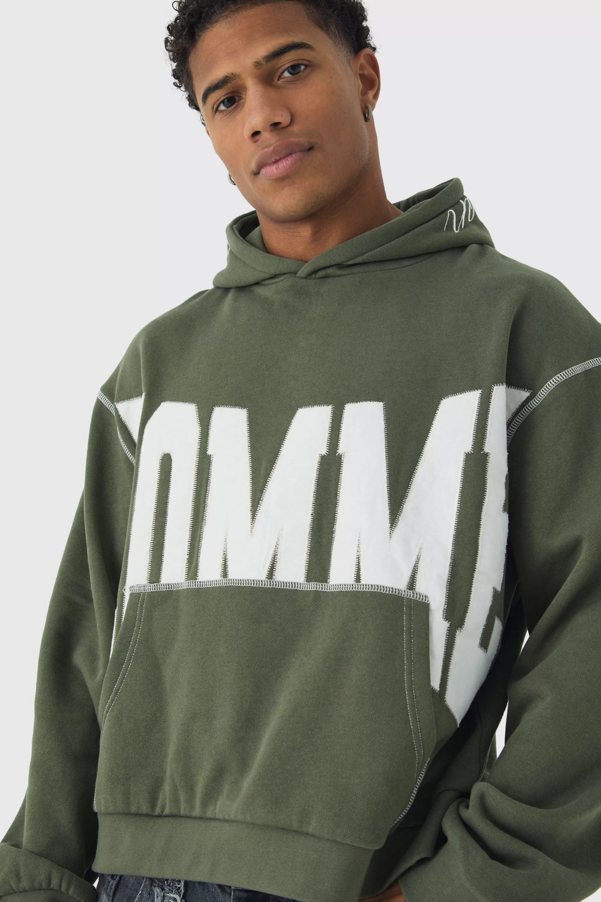 boohooMAN Oversized Boxy Twill Applique Contrast Stitch Hoodie | UK