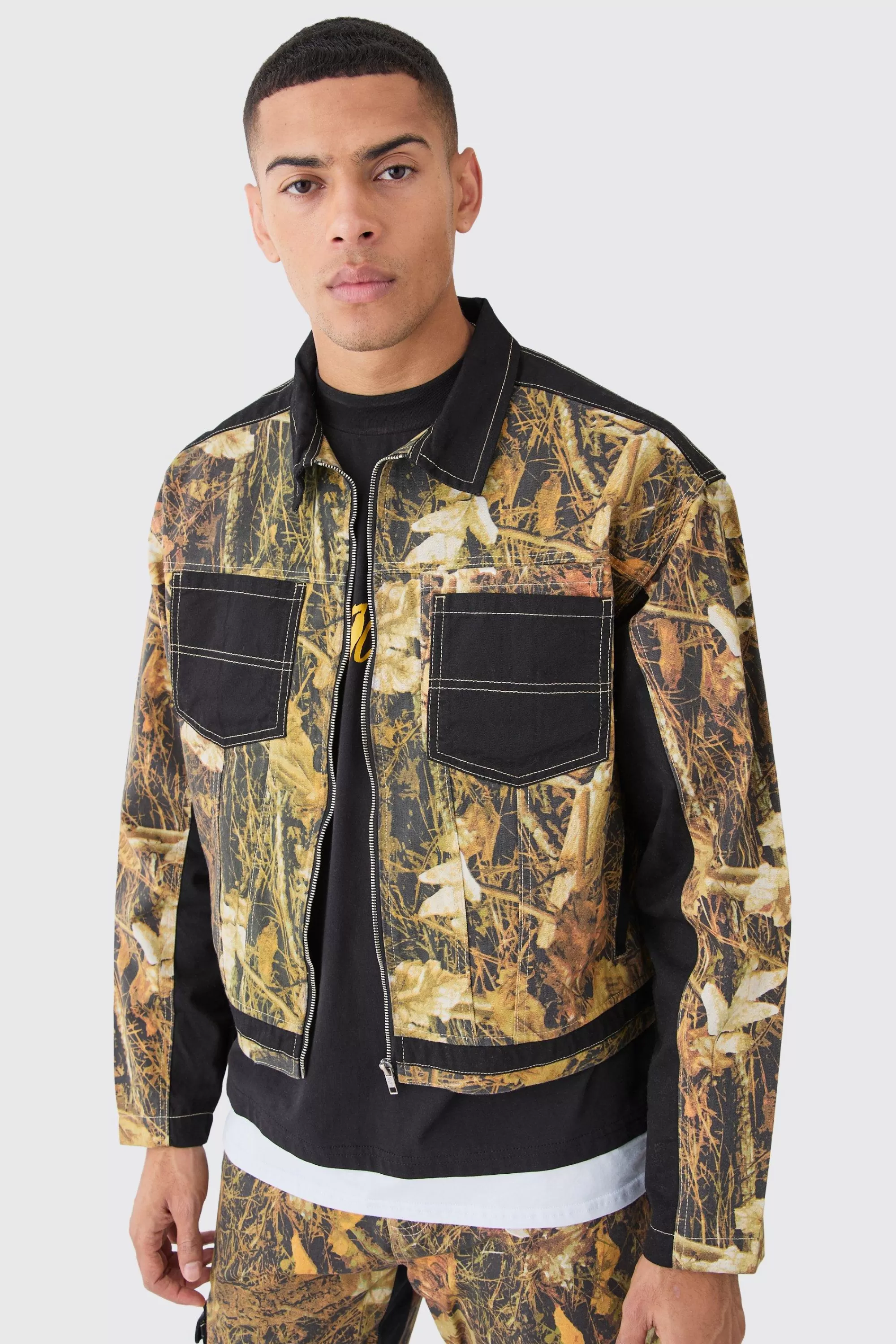 boohooMAN Oversized Boxy Twill Camo Harrington Set | UK
