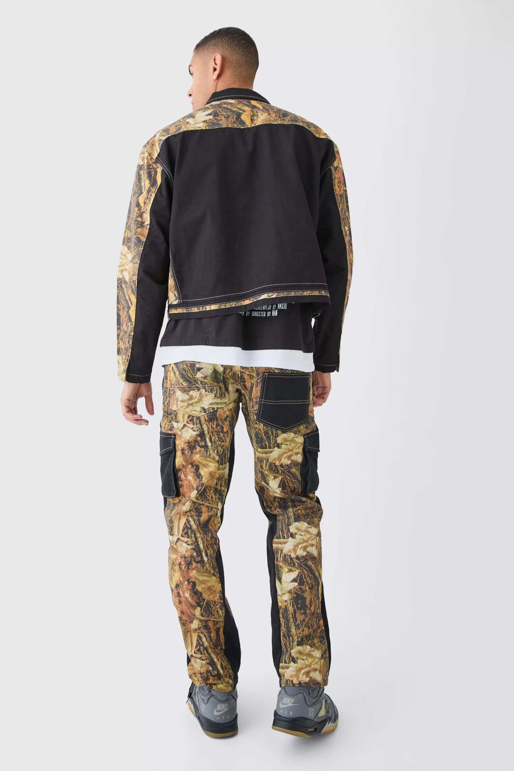 boohooMAN Oversized Boxy Twill Camo Harrington Set | UK