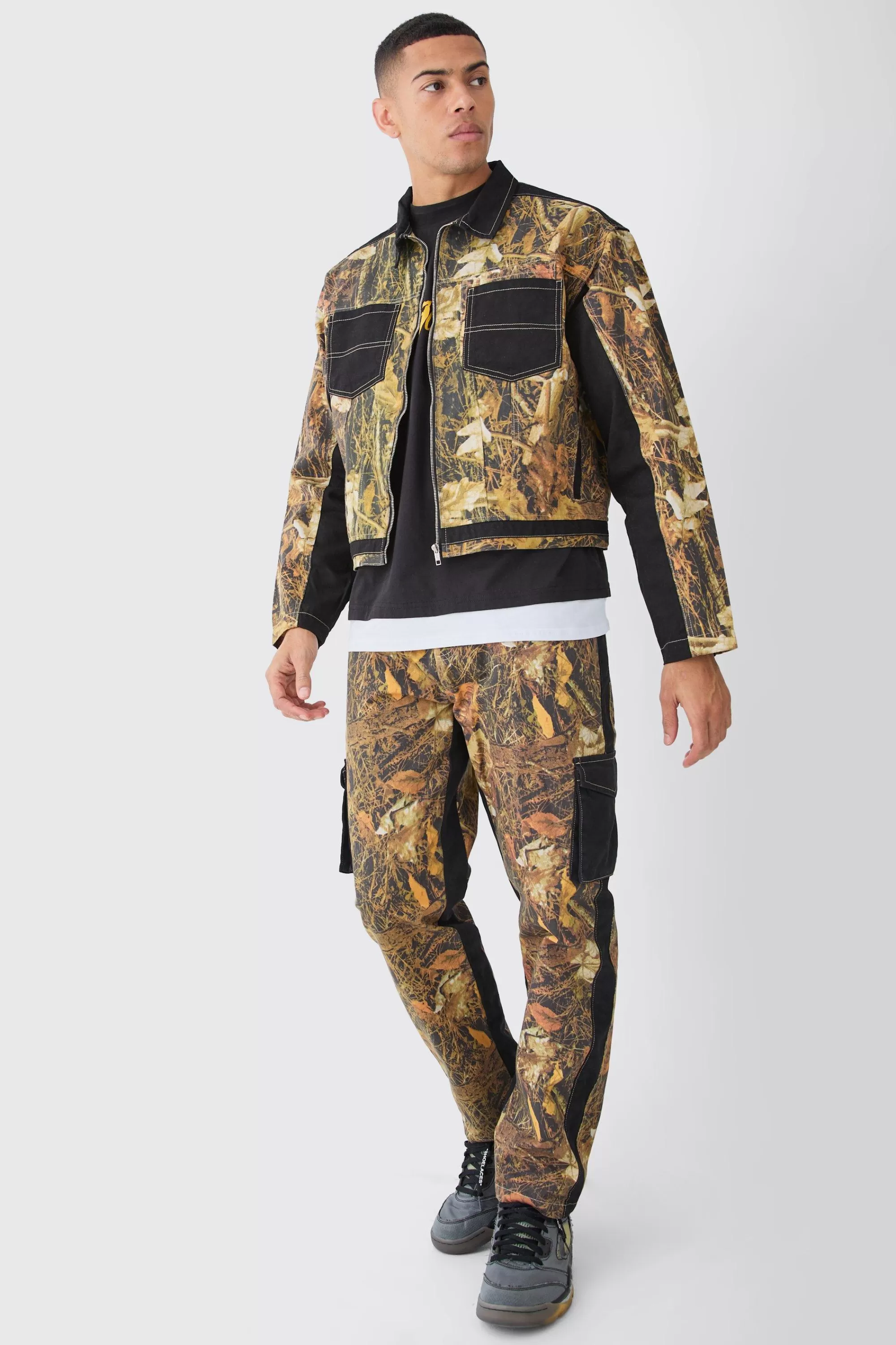 boohooMAN Oversized Boxy Twill Camo Harrington Set | UK