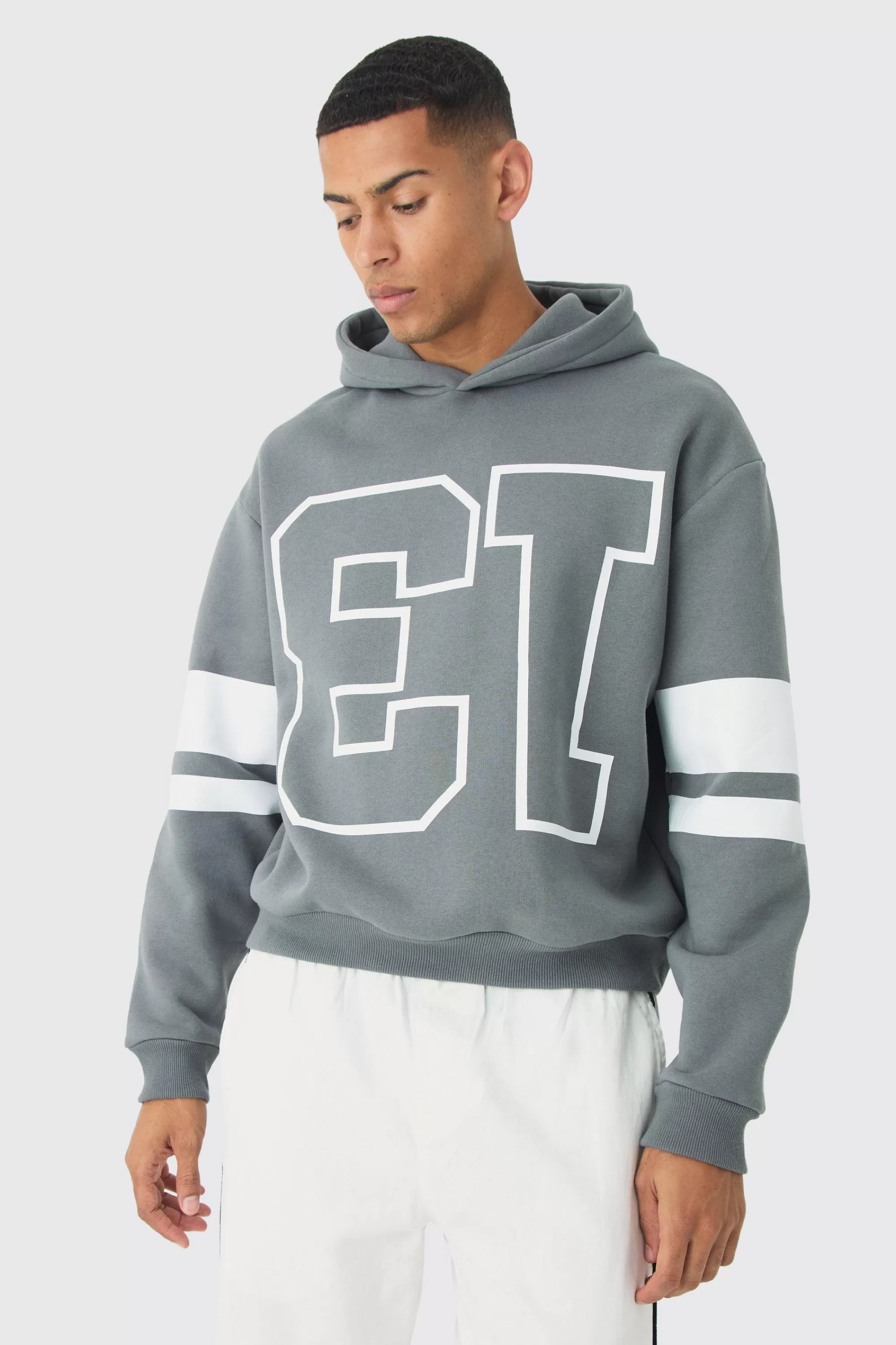 boohooMAN Oversized Boxy Varsity Stripe Hoodie | UK