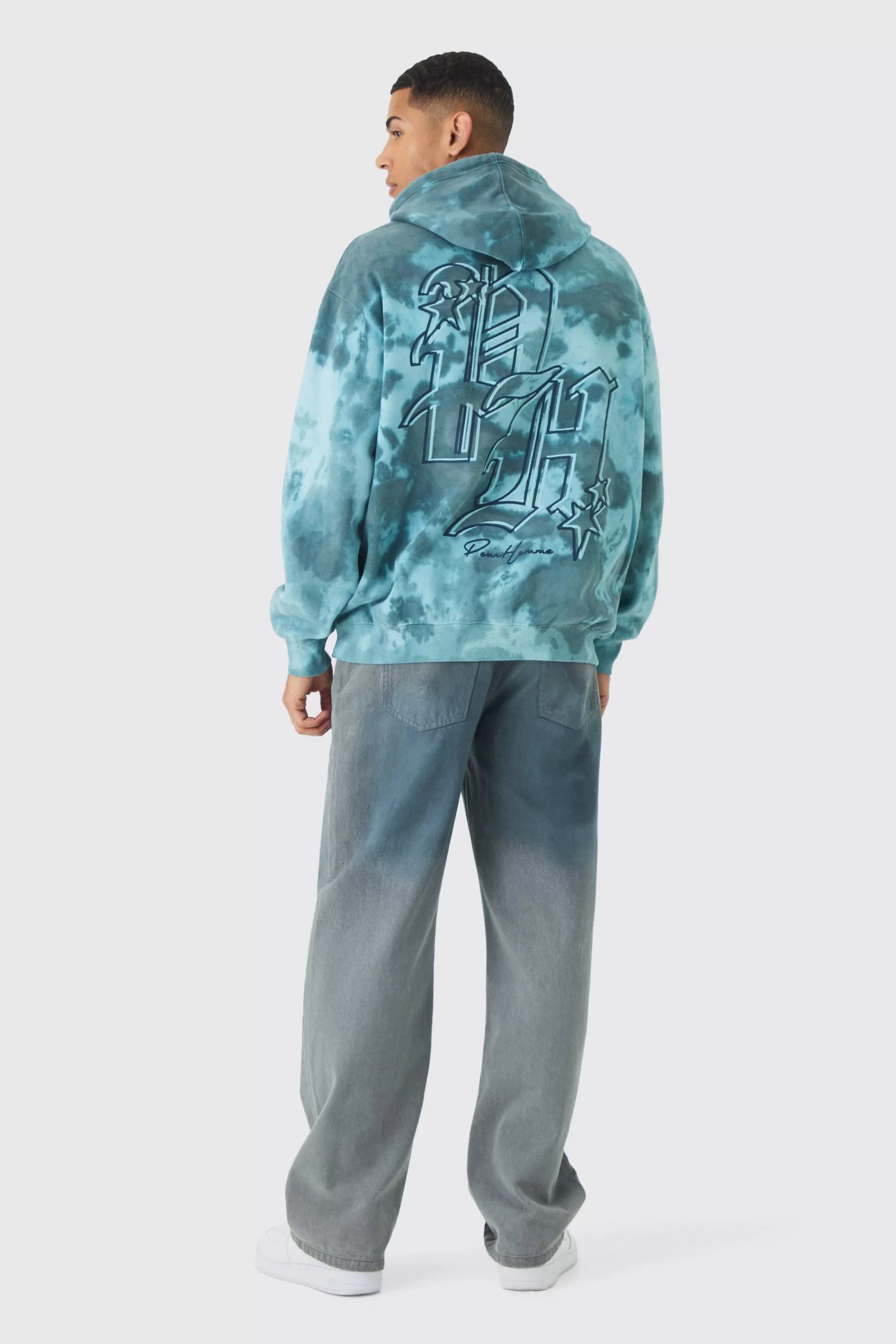 boohooMAN Oversized Boxy Washed BH Print Hoodie | UK