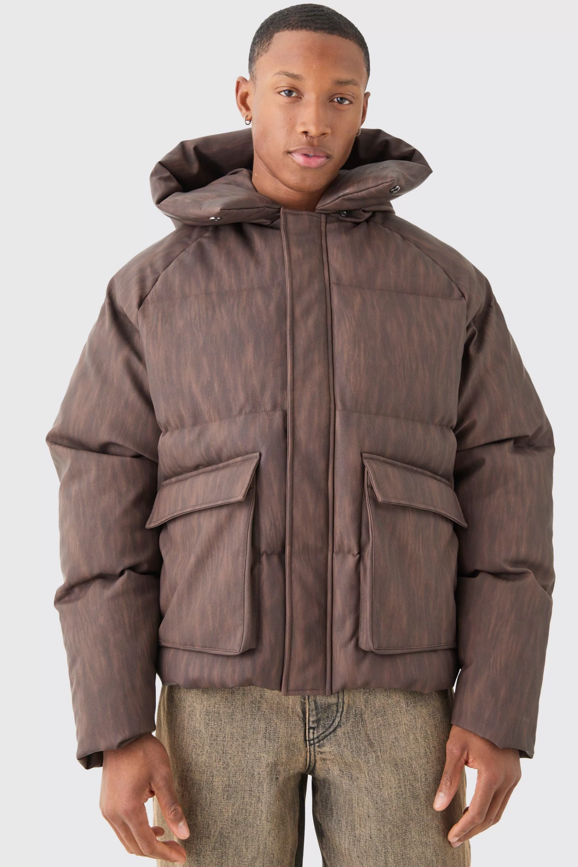boohooMAN Oversized Boxy Washed Pu Hooded Puffer Coat In | UK
