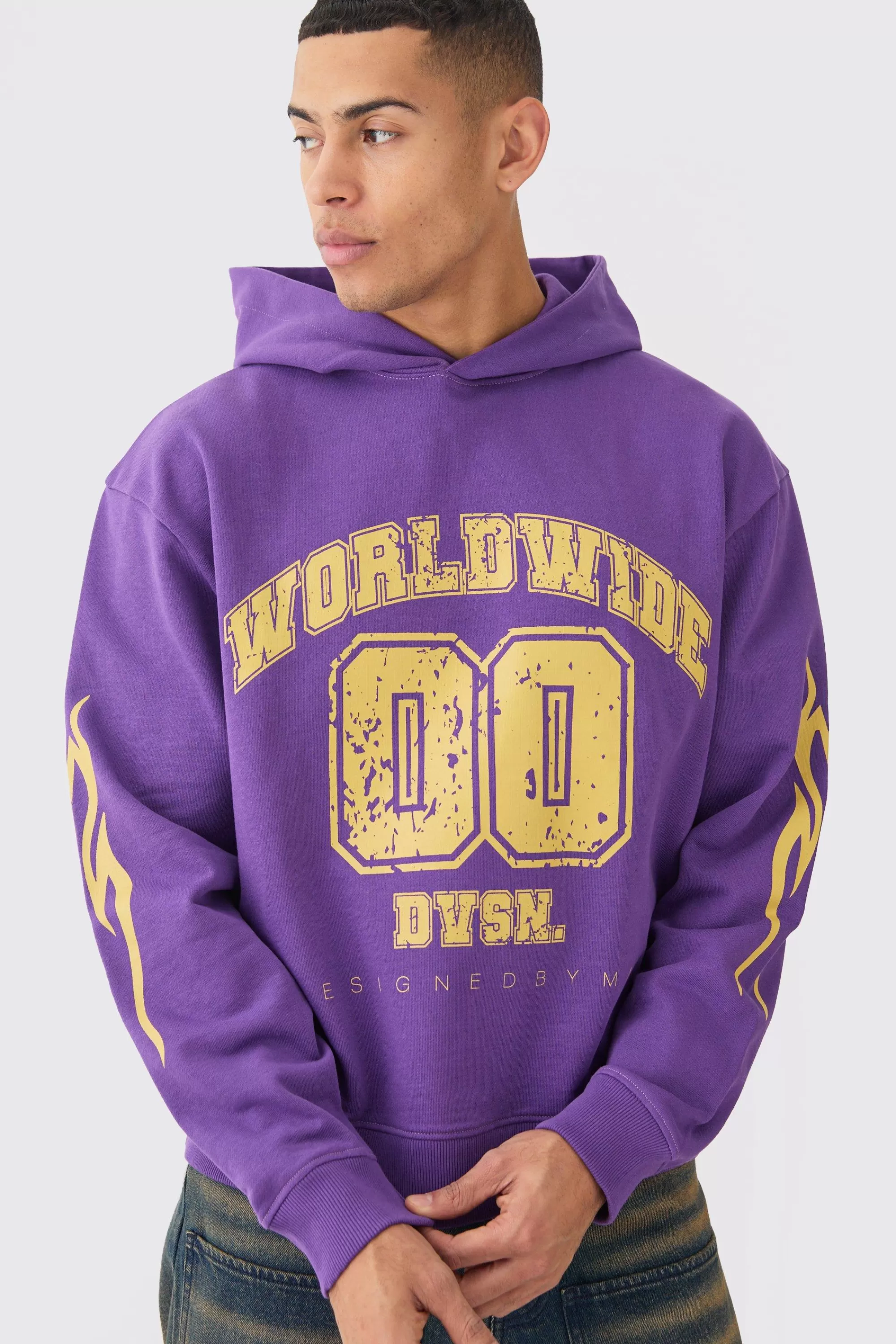 boohooMAN Oversized Boxy Worldwide Varsity Hoodie | UK