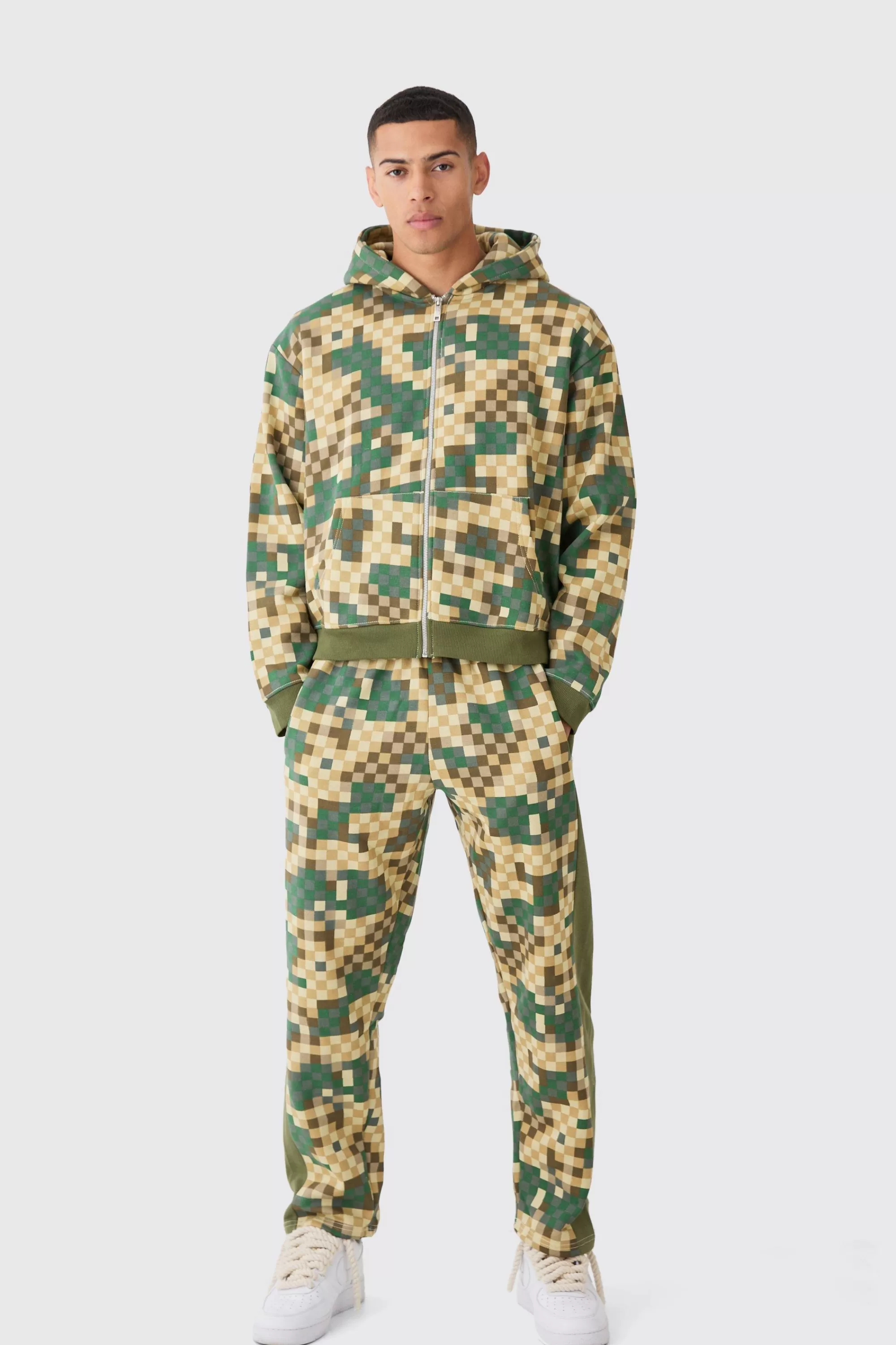 boohooMAN Oversized Boxy Zip Through Camo Hoodie Tracksuit | UK