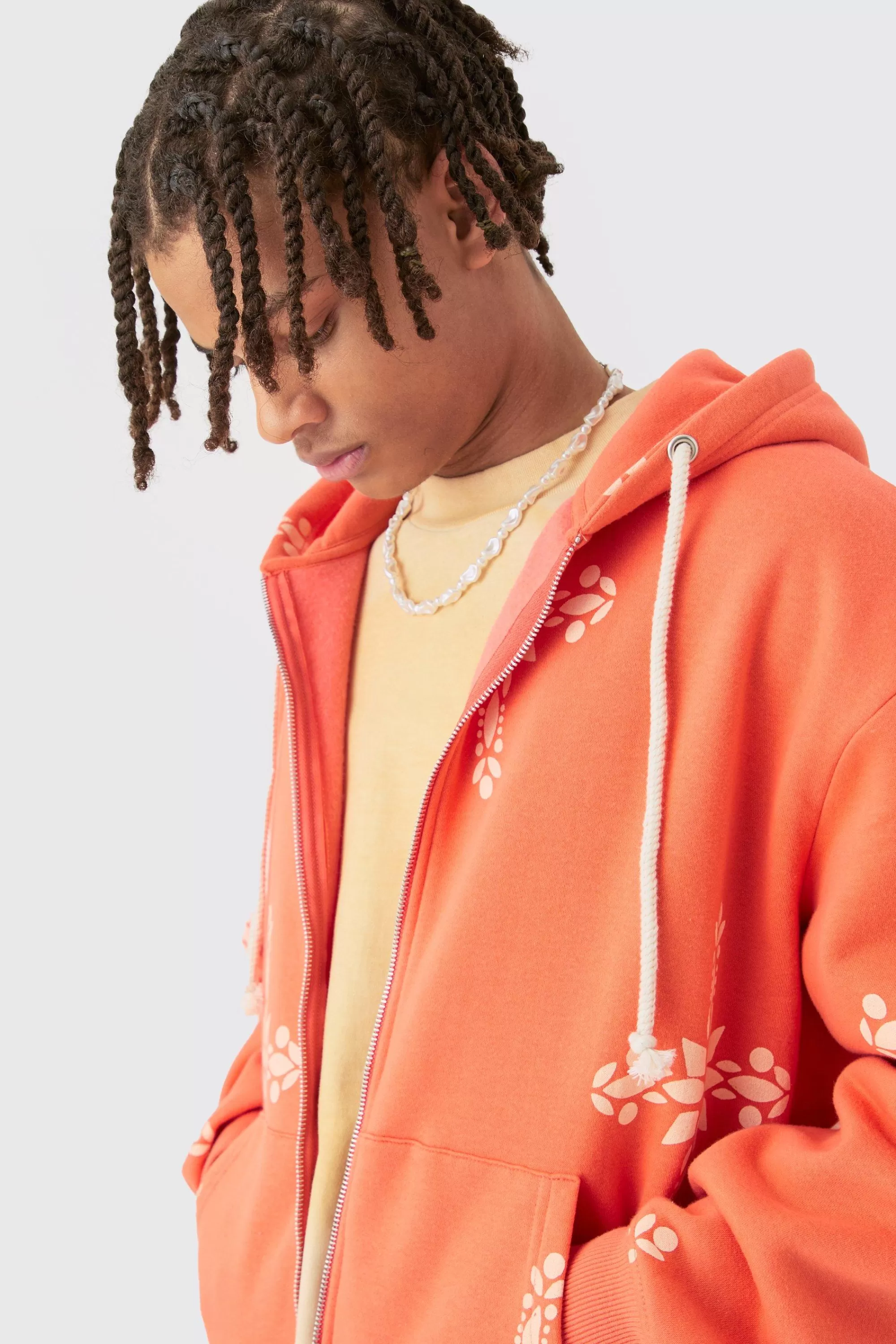 boohooMAN Oversized Boxy Zip Through Cross Printed Hoodie & Shorts | UK