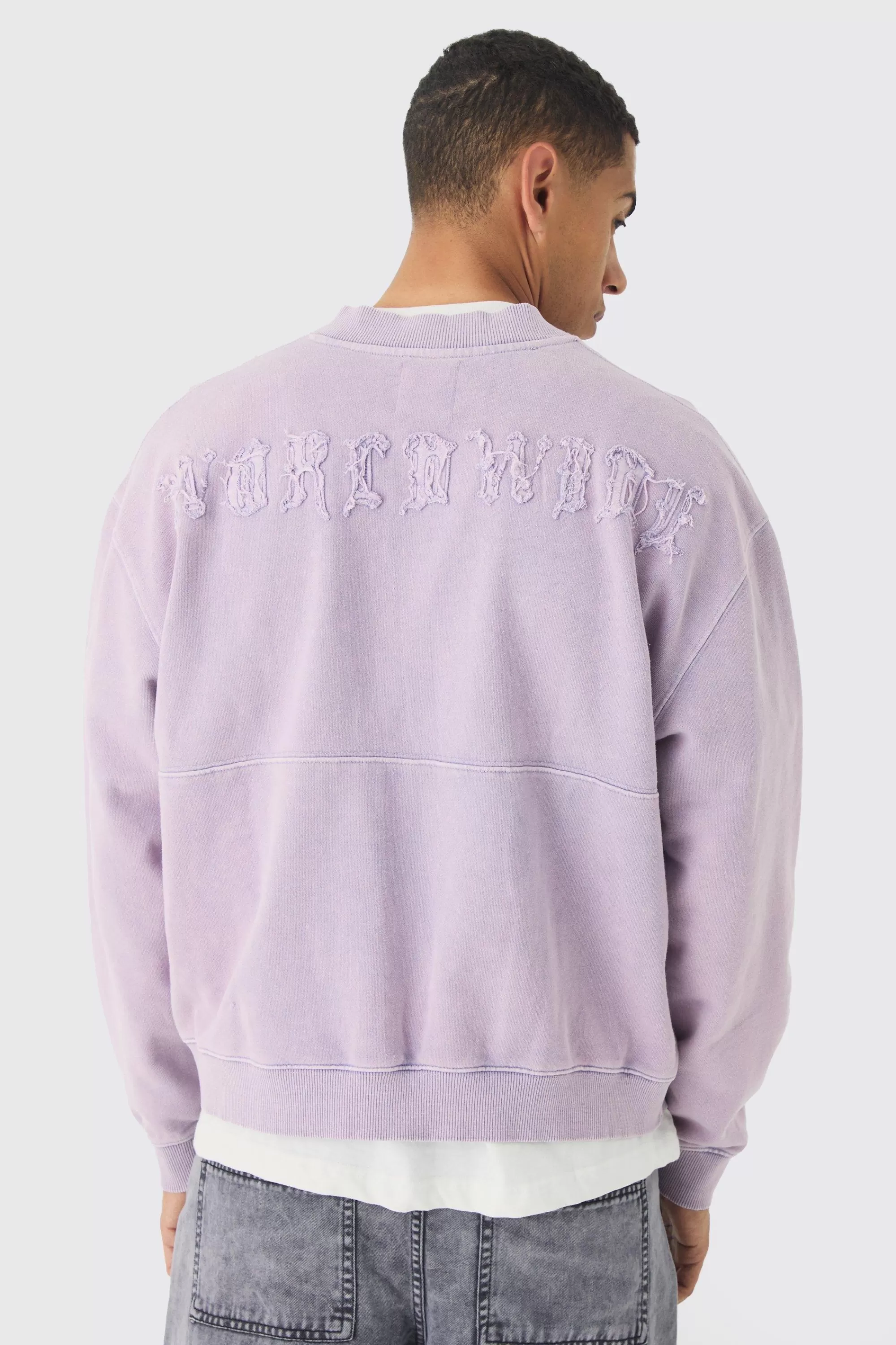 boohooMAN Oversized Boxy Zip Through Distressed Applique Bomber | UK
