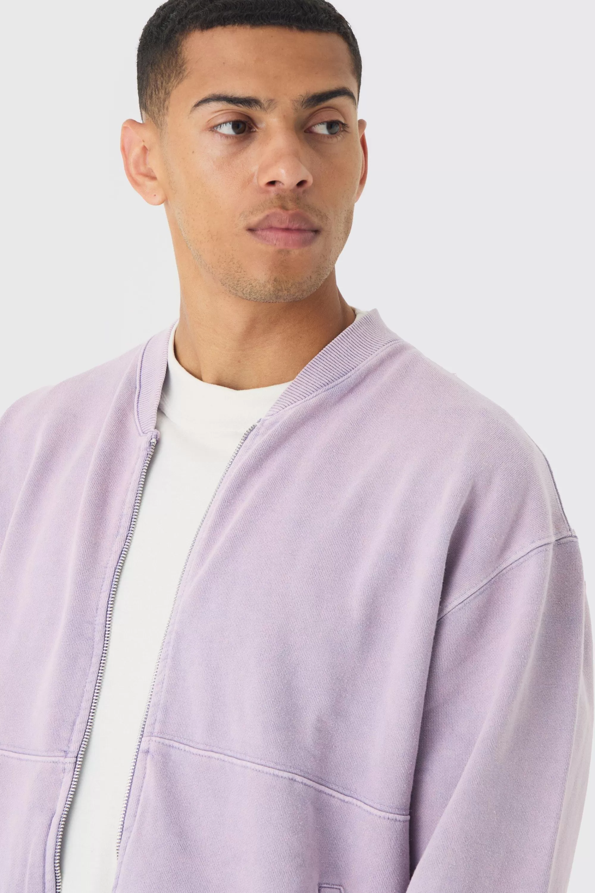 boohooMAN Oversized Boxy Zip Through Distressed Applique Bomber | UK