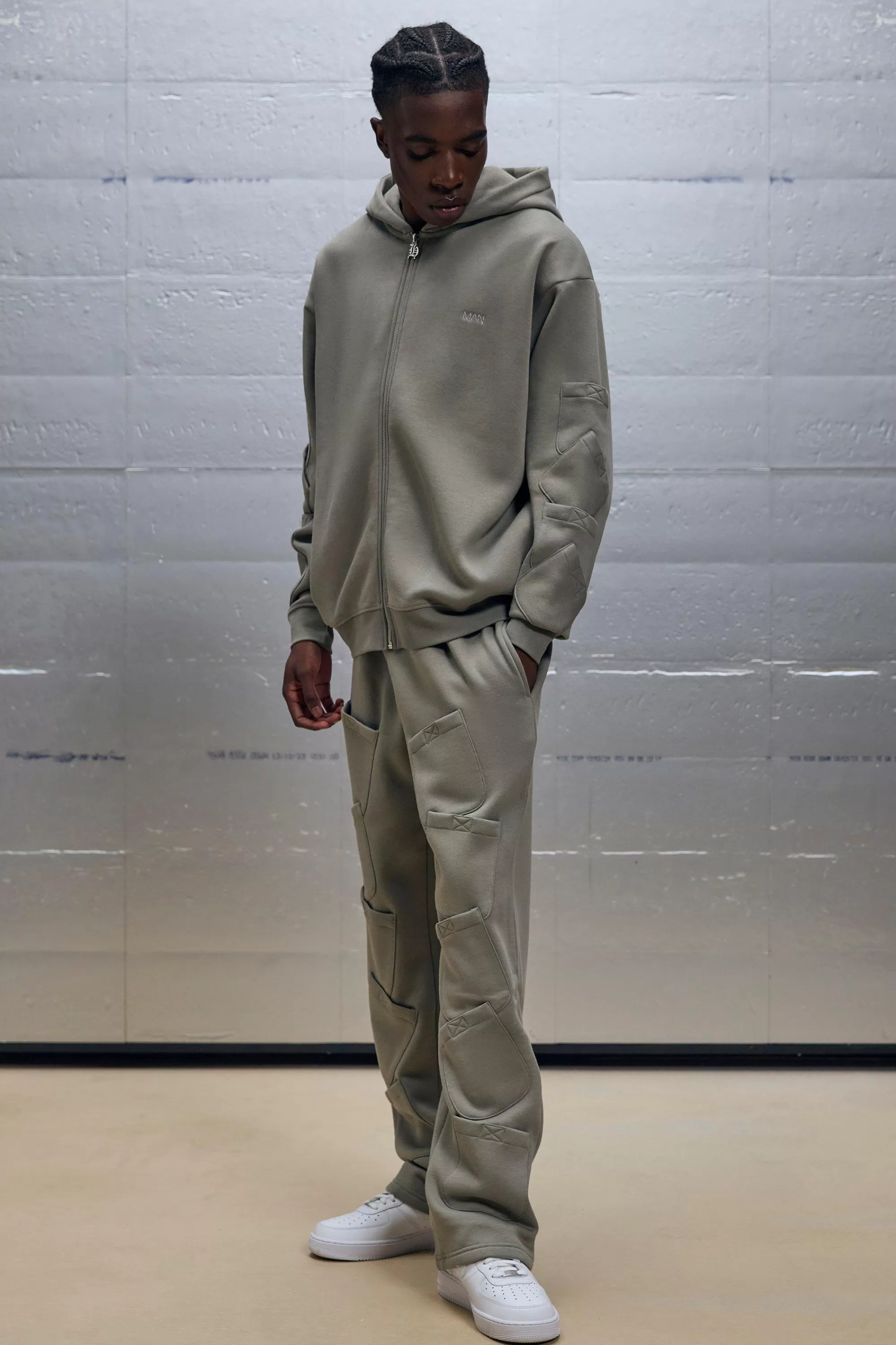 boohooMAN Oversized Boxy Zip Through Pocket Detail Hooded Tracksuit | UK