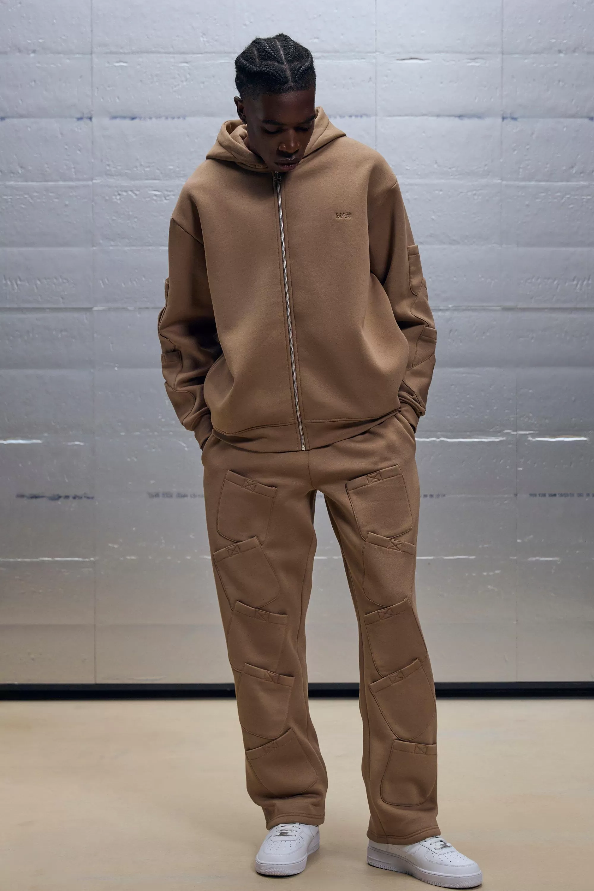 boohooMAN Oversized Boxy Zip Through Pocket Detail Hooded Tracksuit | UK