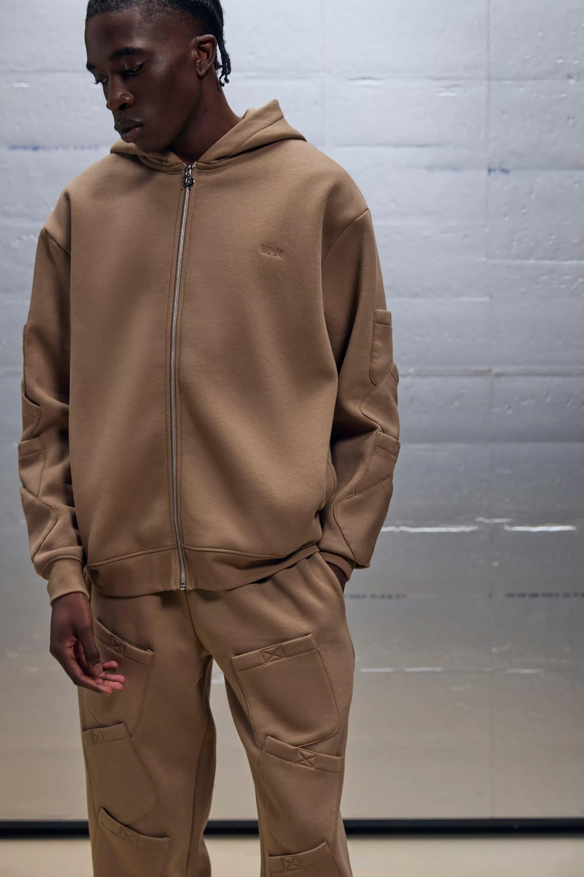 boohooMAN Oversized Boxy Zip Through Pocket Detail Hooded Tracksuit | UK