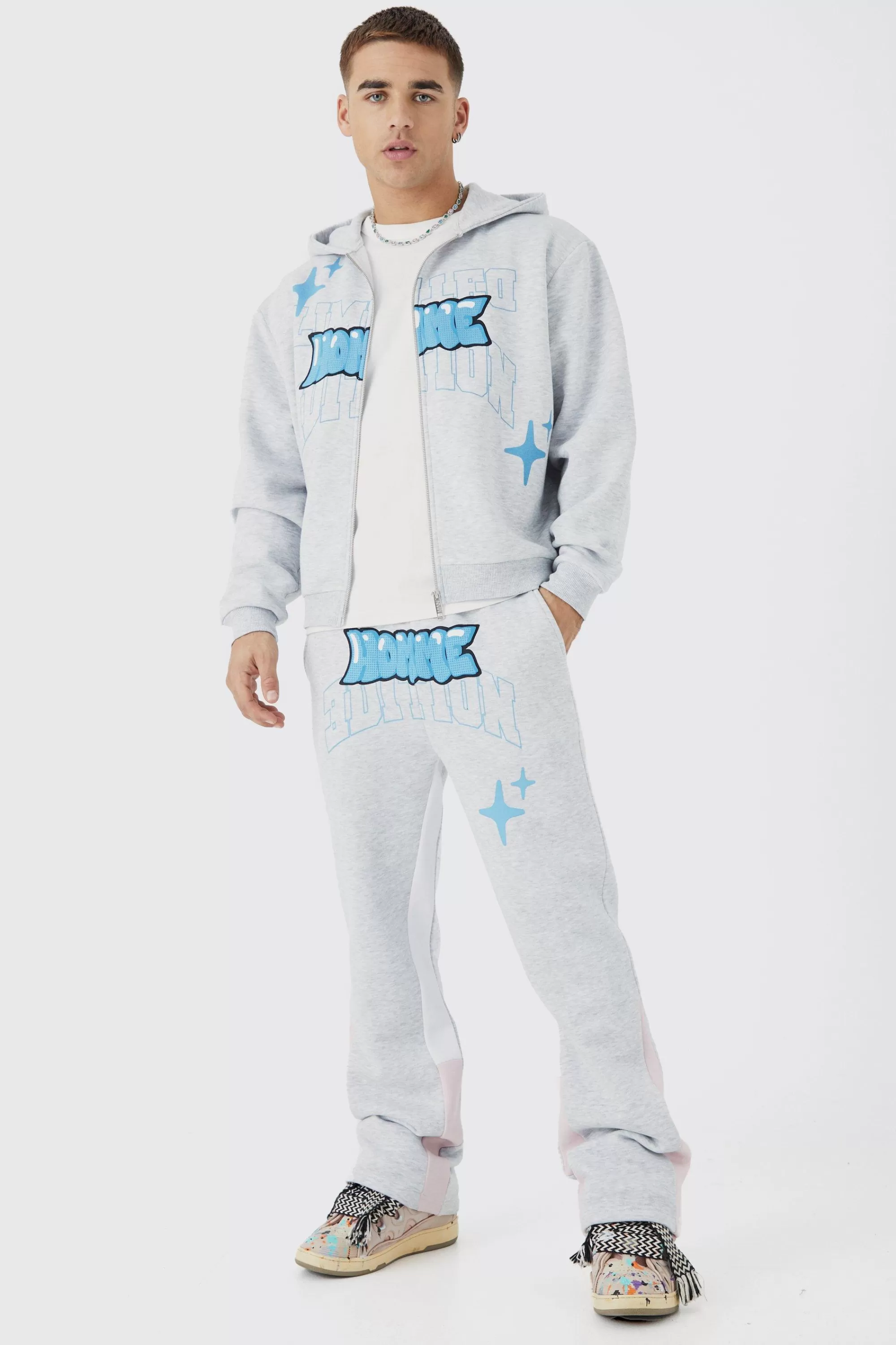 boohooMAN Oversized Boxy Zip Through Puff Print Gusset Tracksuit | UK