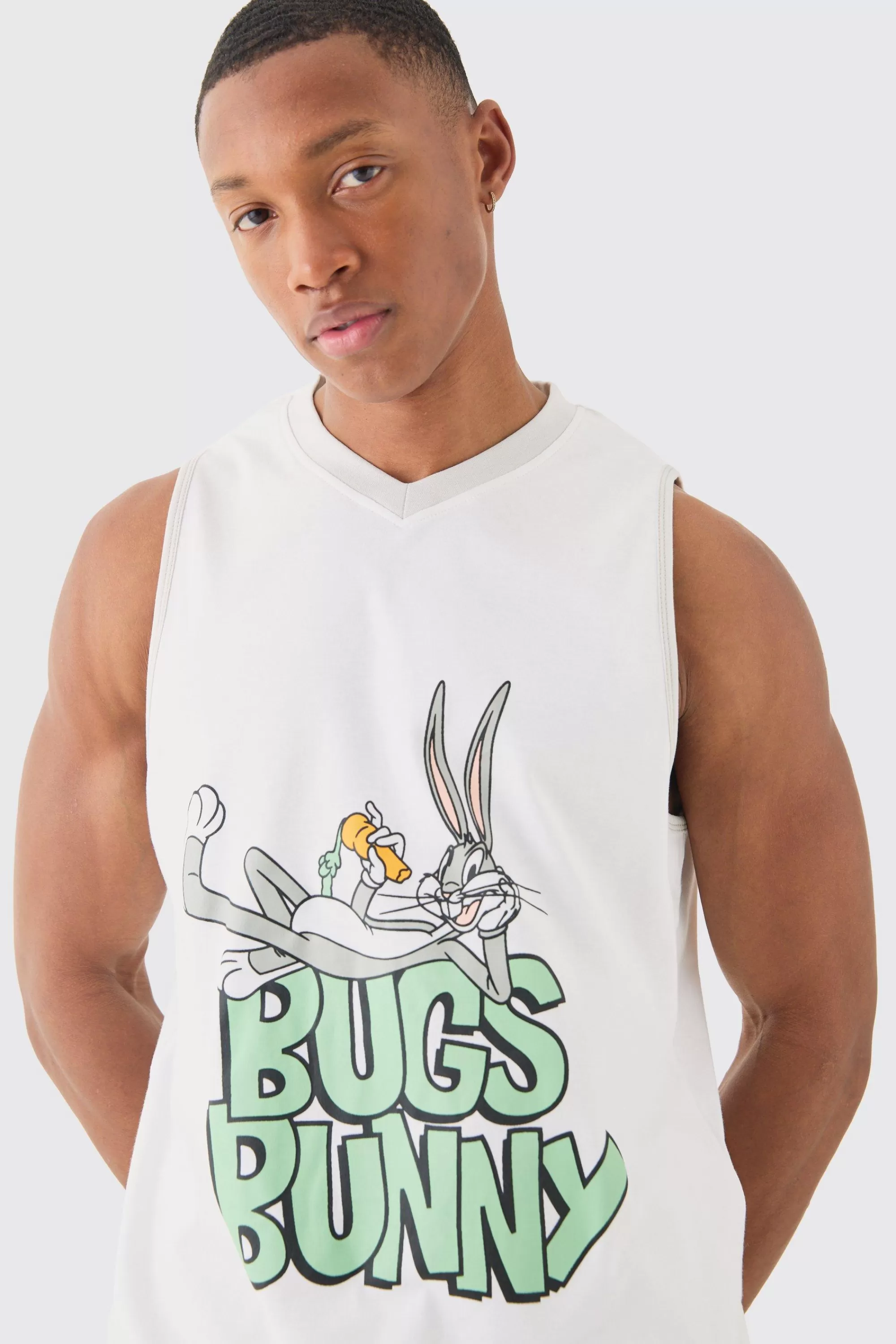 boohooMAN Oversized Bugs Bunny Looney Tunes License Mesh Vest And Short Set | UK