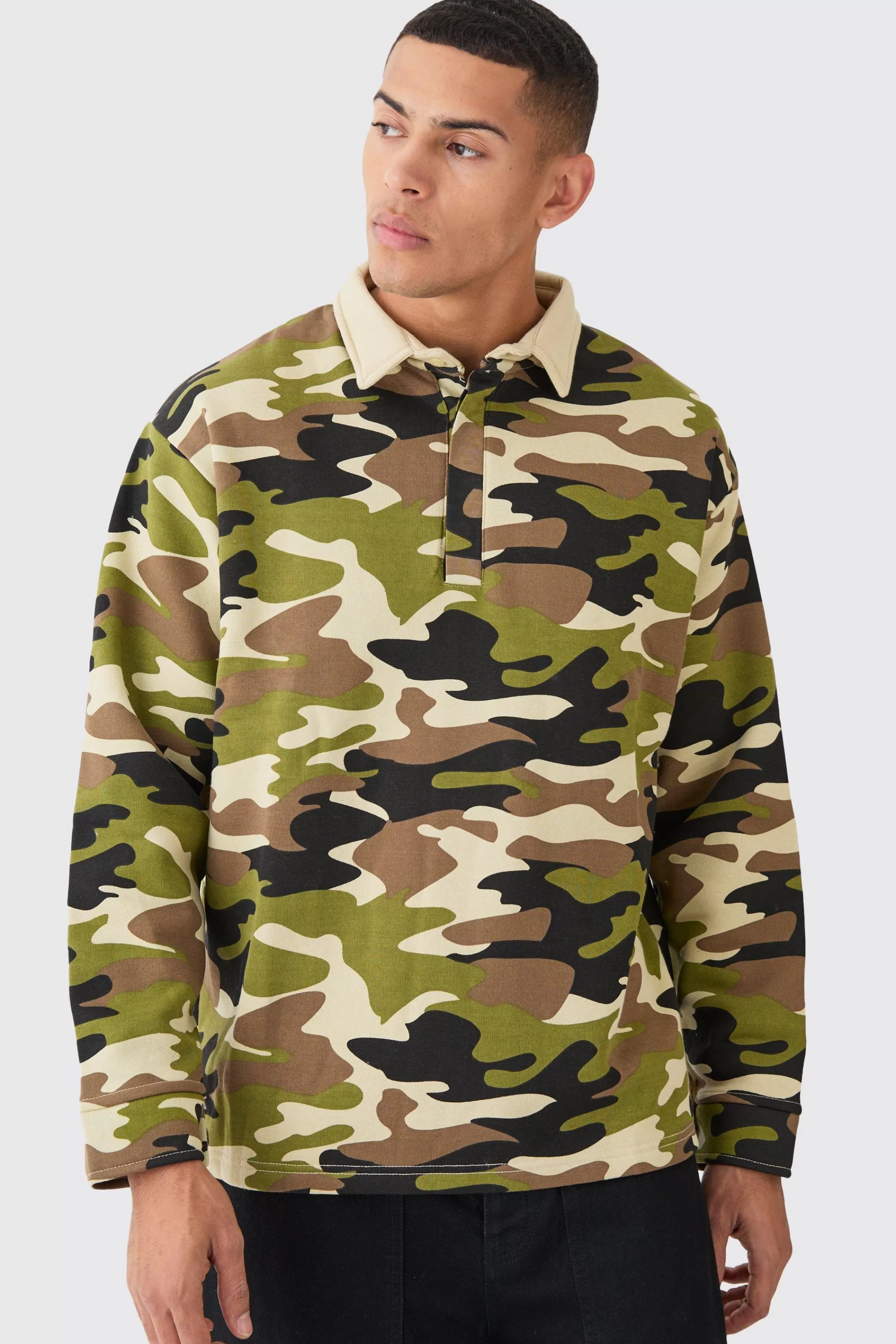 boohooMAN Oversized Camo Rugby Polo | UK