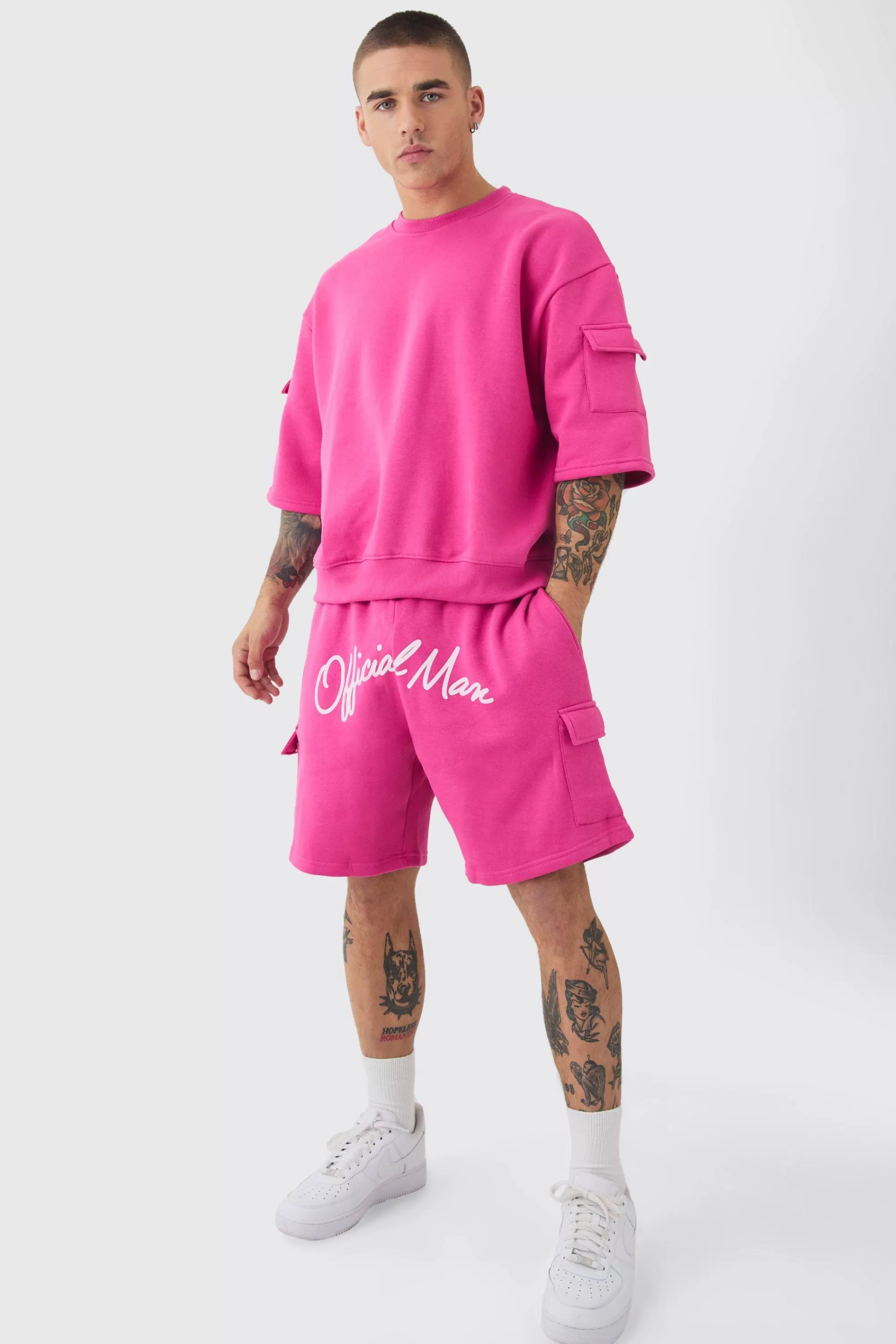 boohooMAN Oversized Cargo Pocket Half Sleeve Sweatshirt And Short Set | UK