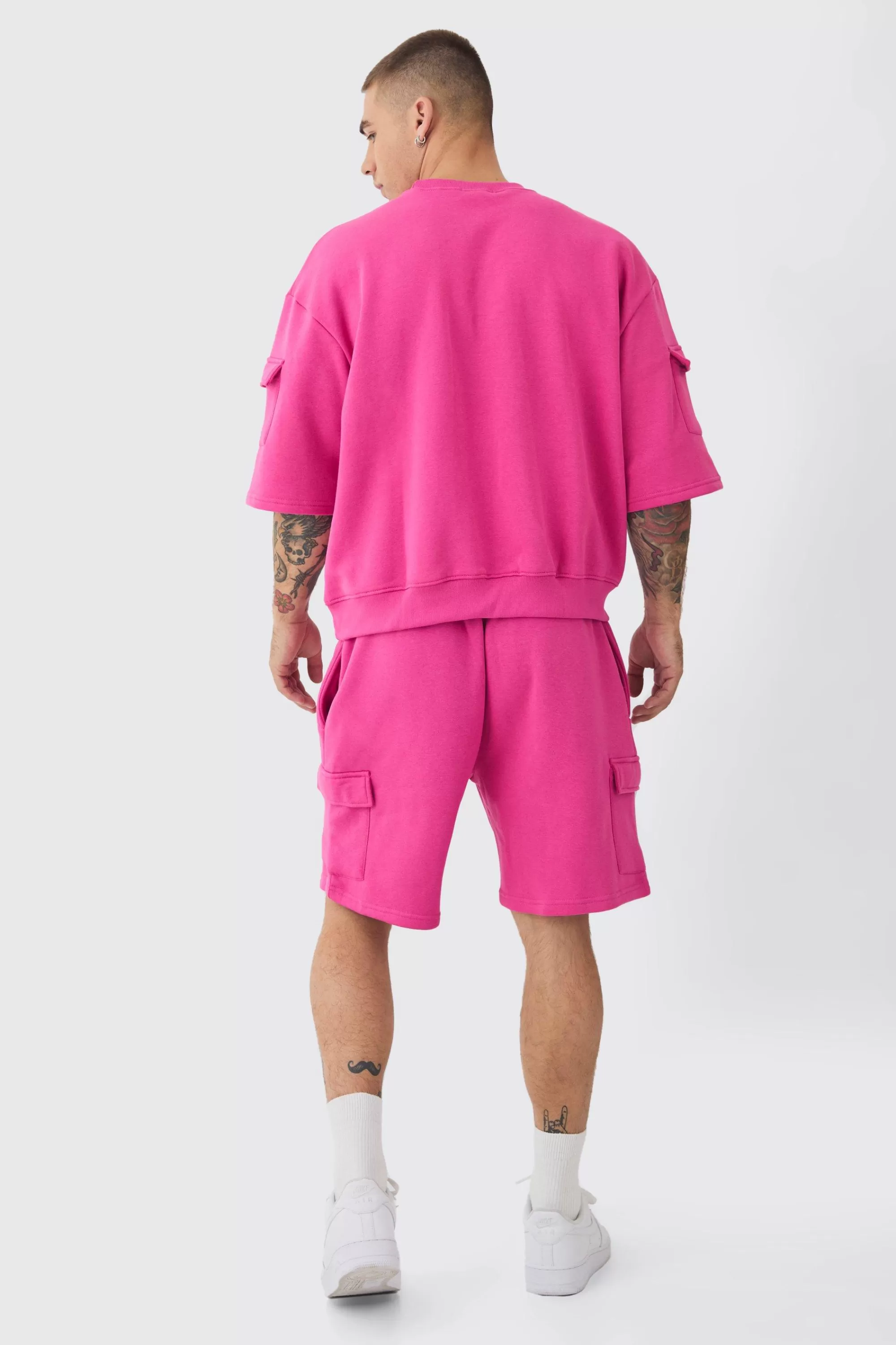boohooMAN Oversized Cargo Pocket Half Sleeve Sweatshirt And Short Set | UK