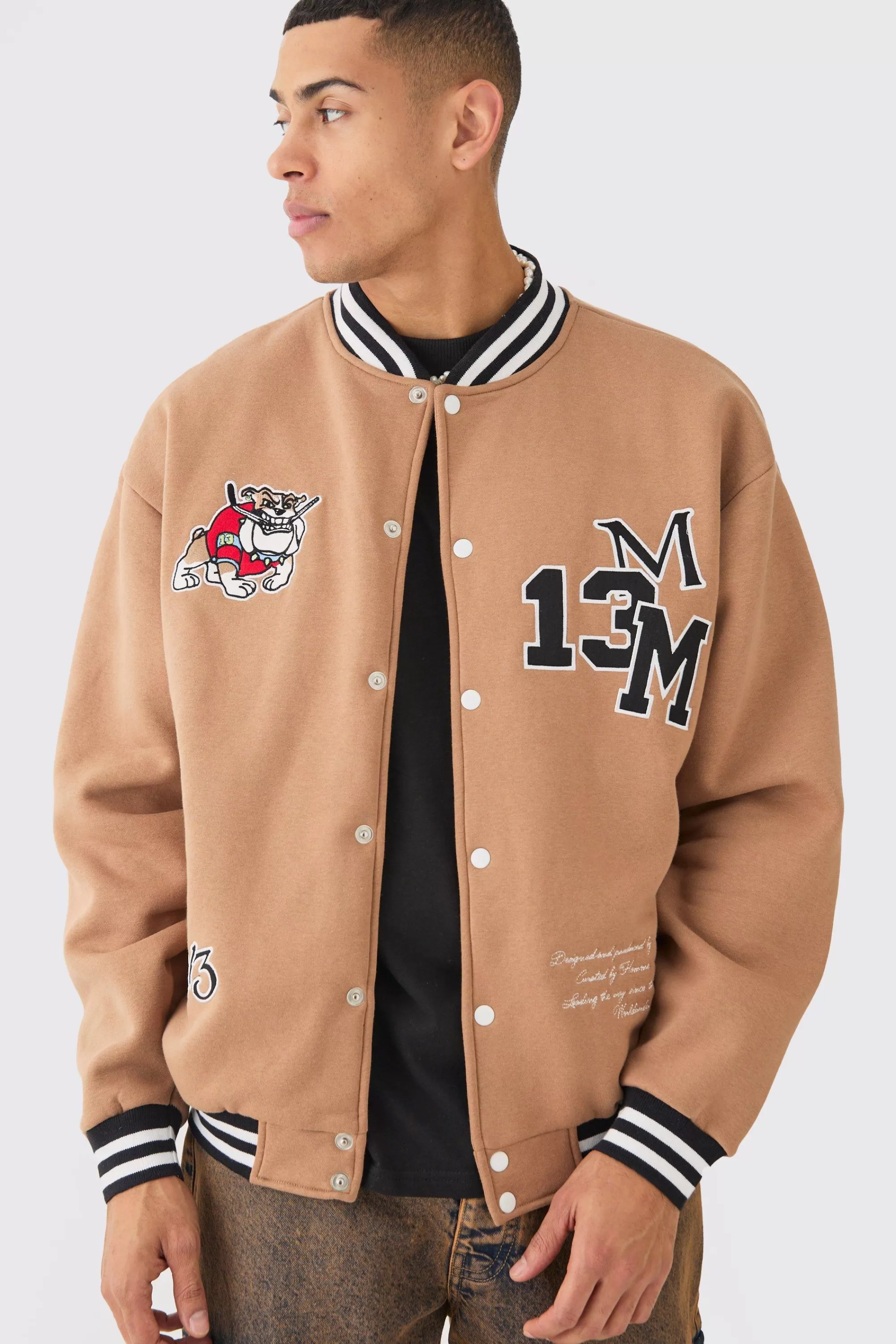 boohooMAN Oversized Character Applique Jersey Varsity Jacket | UK